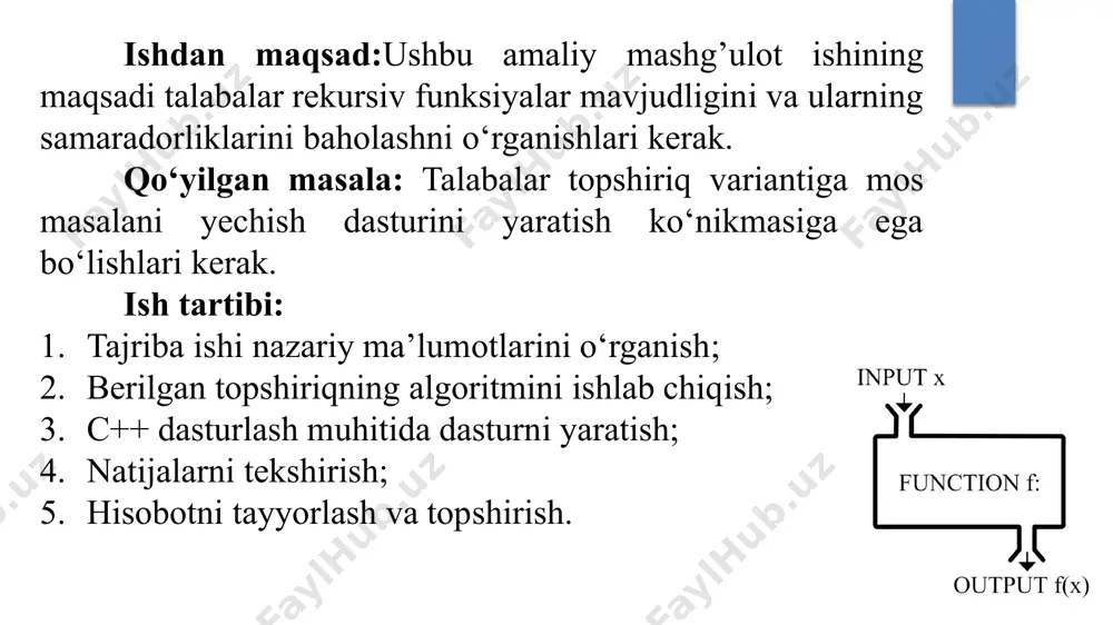 h juda murakkab bo’lib ketadi. rekursiv usulni iterativ usuldan avfzalliklari har qanday rekursiv yechimni iterativ usulga o’tkazish mumkin va aks holat ham to’g’ri hisoblanadi. lekin, ba’zi dasturlash masalalari uchun iterativ yechim juda murakkab ko’rinishga kelib qoladi, ammo rekursiv usul ancha sodda bo’lishi mumkin. har qanday to'g'ri tuzilgan rekursiya asosini ikkita shart tashkil qiladi: rekursiya asos sharti funksiyaning o'ziga o'zgartirilgan argument bilan murojaat qilish. ! rekursiv funksiya qaysidir vaqtga kelib o'ziga murojaat qilishni to'xtatishi kerak bo'ladi. #include using namespace std; int fact(int k) { if (k==1) return 1; else return k * fact(k-1);} int main() { int n; cout >n; cout<<fact(n); return 0; } dastur qismi image1.jpeg image2.jpeg image3.png image4.png image5.png image6.png image7.png image8.png image9.png image10.png image11.png image12.png image13.png image14.jpeg image15.jpeg image16.png image17.png image18.png image19.png /docprops/thumbnail.jpeg