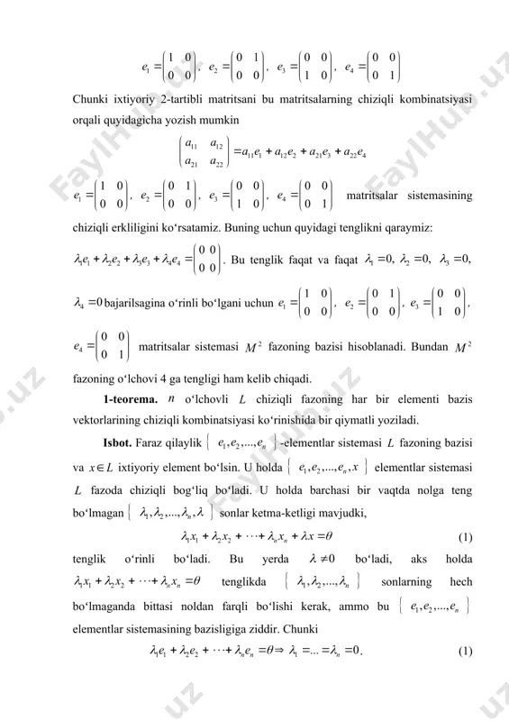vli chiziqli fazo boʻladi, chunki funksiyalar barcha lar uchun chiziqli erkli boʻladi. 9- ta’rif. chiziqli fаzoning qism toʻplamining oʻzi ham da aniqlangan elementlarni qoʻshish va elementlarni songa koʻpaytirish amallariga nisbatan chiziqli fazo tashkil qilsa, u holda fazo fazoning chiziqli qism fazosi deyiladi. 12- misol. barcha -tartibli kvadrat matritsalar chiziqli fazosini qaraymiz. bu fazo uchun barcha -tartibli diagonal matritsalar fazosi chiziqli qism fazo boʻladimi? yechish. ixtiyoriy matritsalarni qaraymiz. maʻlumki bunda yaʻni ikkita diagonal matritsaning yigʻindisi yana diagonal matritsa boʻladi. endi diagonal matritsaning songa koʻpaytmasini tekshiramiz: yaʻni diagonal matritsani songa koʻpaytirsak yana diagonal matritsa hosil boʻladi. bundan tashqari bizga maʻlumki, tartibli matritsalar uchun chiziqli fazo uchun oʻrinli boʻlgan yuqoridagi 8 ta aksioma bajariladi. demak, -tartibli diagonal matritsalar toʻplami tartibli matritsalar fazosining chiziqli qism fazosini tashkil qiladi. endi biz oldingi mavzuda arifmetik fazo uchun kiritilgan ckalyar koʻpaytma tushunchasini chiziqli fazo uchun umumlashtiramiz. 10- ta’rif. chiziqli fazoning har bir va vektorlar juftligiga biror qoida …