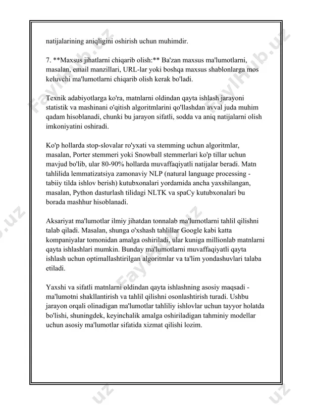 pragmatika esa ma’lumotning kontekstda qanday tushunilishini o‘rganadi. ttqni amalga oshirishda bir qancha algoritmlar qo‘llaniladi. ular orasida eng ko‘p ishlatiladigani changchi(yashirin) markov modellar, rekurrent neyron tarmoqlar, va transformer modellaridir. transformer modellar hozirgi kunda juda samarali bo‘lib, ular bert, gpt-3 kabi hisoblash tillarini o‘z ichiga oladi. gpt-3, masalan, 175 milliard parametrli modeldir, bu esa uni dunyodagi eng yirik til modellardan biri qiladi. ttq sohasida ushbu modelning muvaffaqiyati natijasida ko‘plab innovatsiyalar yaratildi va sun'iy intellekt texnologiyalari yanada tez rivojlanmoqda. 2000 yillarning boshlarida ttq texnologiyalarining rivojlanishi asosan statistika metodlariga tayanib ish ko‘rardi, lekin keyingi yillarda chuqur o‘rganish metodlari o‘ziga xos rol o‘ynab, yangi imkoniyatlar eshigini ochib berdi. 2013 yildagi word2vec modeli so‘zlarni vektor sifatida tasvirlashda katta yutuqqa erishdi va bu orqali ko‘plab ttq vazifalarini yaxshiroq bajarish imkonini berdi. tabiiy tilni qayta ishlashning iqtisodiy ta'siri ham sezilarli. 2020 yilda ttq bozorining narxi 10 milliard dollarni tashkil etgan bo‘lsa, 2026 yilga kelib bu raqam 50 milliard …