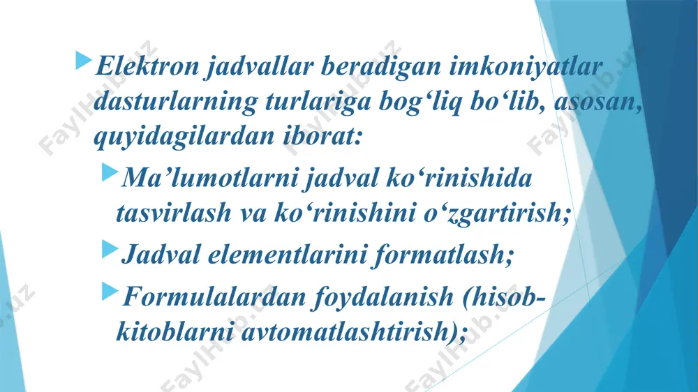 bir soatlik dars ishlanmasi "elektron jadvalning vazifalari va imkoniyatlari" mavzusida - Page 3
