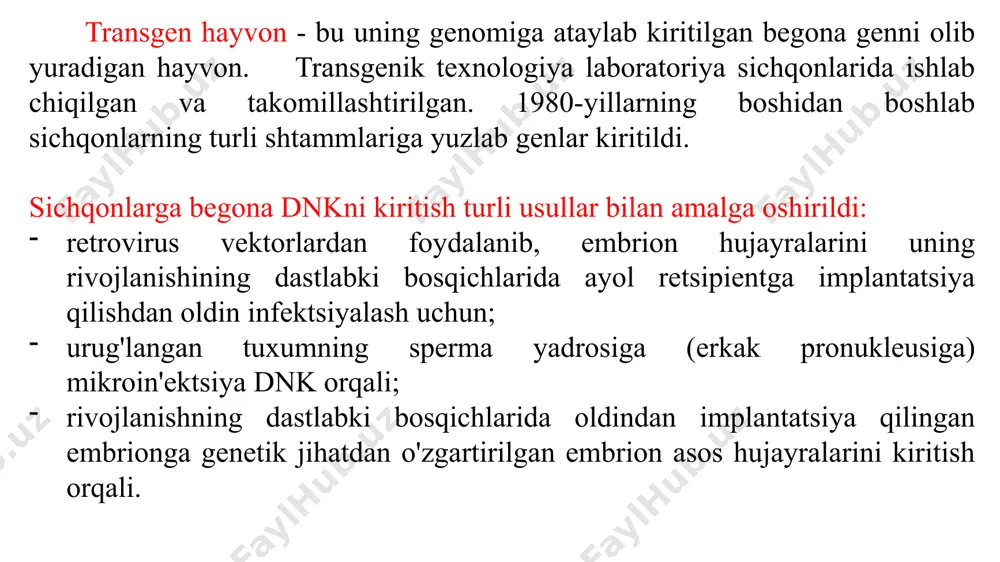 erkaklar bilan kesishadi, shundan so'ng urug'lantirilgan tuxum tuxum yo'lidan yuviladi va darhol urug'langan tuxumga dnk yuboriladi. sutemizuvchilarda spermatozoidlarning ootsit yadrosiga kirib borganidan keyin spermatozoid (erkak pronukleus) va tuxum hujayrasi yadrolari alohida-alohida mavjud. tuxum hujayrasi yadrosi mitotik bo'linishni tugatgandan va ayol pronukleusga aylangandan so'ng yadro sintezi (kariogamiya) sodir bo'lishi mumkin. erkak pronukleus odatda ayollardan ko'ra ko'proqdir, uni kesma mikroskop yordamida lokalizatsiya qilish va begona dnkni kiritish oson. tajribali eksperiment bir kun davomida bir necha yuz tuxumni emlashi mumkin. dnk kiritilgandan so'ng 25 dan 40 gacha ootsitlar mikrojarrohlik yo'li bilan "surrogat" onaga implantatsiya qilinadi, u soxta homiladorlik holatida steril erkak bilan juftlashadi. sichqonlarda juftlashtirish bachadonni implantatsiyaga tayyorlashning yagona ma'lum usuli hisoblanadi. steril erkak sperma ishlab chiqarmaganligi sababli, "surrogat" onaning ootsitlari urug'lanmaydi. embrionlar faqat kiritilgan oositlardan rivojlanadi va chaqaloqlar implantatsiyadan keyin 3 hafta ichida tug'iladi transgen hayvonlarni identifikatsiya qilish uchun dnk dumining kichik bo'lagidan ajratiladi va southern blot pcr yordamida transgen borligi tekshiriladi. …