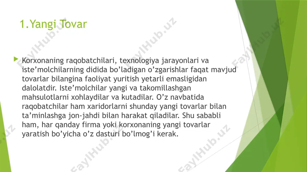 tijalariga qarab tovardagi ba’zi kamchiliklar va nuqsonlar tuzatiladi. umuman, olganda yangi tovar iste’molchilar talabiga to’liq javob berishi kerak. 4.tovarni bozorga chiqarish tovarni bozorga chiqarish. yangi tovar yaratishning oxirgi bosqichi uni bozorda sinab ko’rishdan iboratdir. bozorda sinab ko’rishdan asosiy maqsad mahsulotni va bu mahsulotning marketing dasturini (narx, reklama, marka, o’rabjoylash, servis xizmati va boshqalar) baholashdan iboratdir. bu yerda iste’molchilar va vositachilarning tovarga bo’lgan munosabati muhim ahamiyat kasb etadi. natijalar esa sotiladigan mahsulot va olinadigan foyda hajmini belgilashga asos bo’lib xizmat qiladi. xalq iste’mol tovarlarining marketing sinovida bozorni standart testlash, bozorni nazorat testlash va bozorni imitasion testlash uslublaridan foydalaniladi. ba’zi firmalar sinab sotishni faqatgina iste’molchilar e’tirofiga ega bo’lish, boshqalari esa mahsulotda va marketing rejasida amalga oshirish kerak bo’lgan o’zgarishlarni aniqlash uchun, uchinchilari esa mahsulot taqdirini hal qilish uchun qo’llaydilar. tijorat uchun ishlab chiqarish. bu oxirgi bosqichda mahsulot tanlangan bozorga katta hajmda chiqariladi va sotiladi. yangi mahsulot ishlab chiqarishning bu bosqichida ishlab chiqaruvchi …