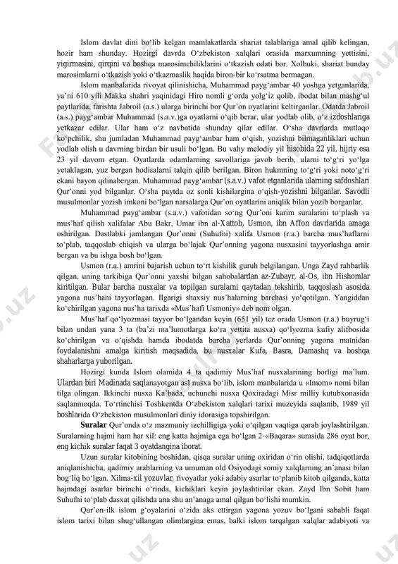 diniy jamoa va davlatlar o‘rtasida diniy huquq, qonun-qoidalarni tartibga solish zaruriyati tug‘ildi. bunda qur’on va hadislarga asoslangan shariat va uning manbalari-fiqh va qiyos vujudga keldi. shariat (arabcha to‘g‘ri yo‘l, ilohiy yo‘l, qonunchilik demakdir)-islom diniy huquq qonun qoidalari va me’yorlari majmuasidir. ayni paytda shariat tushunchasi nafaqat islom diniy talablarini, balki diniy marosimlar, oila, nikoh va taloq masalalari, tijorat, iqtisodiy, mulkiy munosabatlar, musulmonlarning shaxsiy va ijtimoiy hayotiga xos ko‘p masalalarni o‘z ichiga oladi. fiqh-musulmon huquqi sifatida shariatning tarkibiy qismini tashkil etadi. fiqh shariatning g‘oyaviy va amaliy harakatlari, tavsifi sifatida musulmonlarning turmush qoidalari va ijtimoiy qarashlarini ifodalaydi. ijmo’-(arabcha yakdillik bilan qabul qilingan qaror). qur’on va hadislarda aniq ko‘rsatma bo‘lmagan huquqiy masalalarni hal etishda faqiya va mujtaxidlarning to‘planib, yagona fikrdan hukm chiqarishi (fatvo berishi). qiyos-qur’on va sunnada uchramaydigan biror huquqiy masala, ulardagi shunga o‘xshash masala orqali berilgan yo‘l-yo‘riqqa, ko‘rsatmaga mantiqiy taqqoslash, o‘xshatish yo‘li bilan sharh, izoh etish asosida hukm yoki fatvo chiqarish. islom davlat …