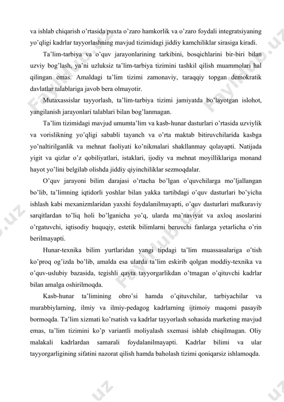 estetik bilimlarni beruvchi fanlarga yetarlicha o’rin berilmayapti. hunar-texnika bilim yurtlaridan yangi tipdagi ta’lim muassasalariga o’tish ko’proq og’izda bo’lib, amalda esa ularda ta’lim eskirib qolgan moddiy-texnika va o’quv-uslubiy bazasida, tegishli qayta tayyorgarlikdan o’tmagan o’qituvchi kadrlar bilan amalga oshirilmoqda. kasb-hunar ta’limining obro’si hamda o’qituvchilar, tarbiyachilar va murabbiylarning, ilmiy va ilmiy-pedagog kadrlarning ijtimoiy maqomi pasayib bormoqda. ta’lim xizmati ko’rsatish va kadrlar tayyorlash sohasida marketing mavjud emas, ta’lim tizimini ko’p variantli moliyalash sxemasi ishlab chiqilmagan. oliy malakali kadrlardan samarali foydalanilmayapti. kadrlar bilimi va ular tayyorgarligining sifatini nazorat qilish hamda baholash tizimi qoniqarsiz ishlamoqda. o’qituvchilar, pedagoglar va tarbiyachilarning kattagina qismi yaxshi tayyorgarlik ko’rmaganligi, ularning bilim va kasb saviyasi pastligi jiddiy muammo bo’lib qolmoqda, malakali pedagog kadrlar yetishmasligi sezilmoqda. maktabgacha ta’lim sohasidagi jami tarbiyachi va pedagoglarning atigi 20 foizi oliy ma’lumotlidir. maktablarning o’qituvchilar bilan ta’minlanganligi o’rtacha 93 foizni tashkil etgani holda, bu ko’rsatkich ayrim viloyatlarda 77-80 foizdan, muayyan fanlar bo’yicha esa 50 foizdan oshmaydi. ilmiy va …