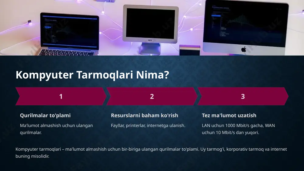 sitasi (ethernet, wi-fi). 6 tarmoq topologiyalari yulduz (star) markaziy qurilma orqali bog‘lanish switch yoki hub ishlatiladi halqa (ring) va shina (bus) ma’lumotlar bir yo‘nalishda harakatlanadi yagona kabel orqali ulanish daraxt (tree) va to‘r (mesh) ierarxik tuzilish va har bir qurilmaning bog‘lanishi kengaytirilgan tarmoq strukturalari 7 asosiy tarmoq protokollari tcp/ip internetning asosiy protokoli, manzillash va ishonchli aloqa http/https veb-saytlarga ulanish, shifrlangan aloqa uchun https dns domen nomlarini ip-manillarga o‘zgartirish elektron pochta 8 tarmoq qurilmalari router tarmoqlar o‘rtasida ma’lumotlarni yo‘naltiradi switch lan ichida yo‘naltirish, layer 2 va layer 3 variantlari modem xavfsizlikni ta’minlash va signallarni o‘zgartirish 9 ip-manzillar ipv4 32-bitli, klasslarga bo‘lingan manzillar ipv6 128-bitli yangi manzillar, kengaytirilgan imkoniyatlar subnet mask va dhcp tarmoq qismlarini ajratish va avtomatik ip berish 10 tarmoq xavfsizligi firewall traffikni nazorat qilib, tarmoqni himoyalaydi vpn va antivirus shifrlangan ulanish va zararli dasturlardan himoya autentifikatsiya parollar va ikki faktorli autentifikatsiya (2fa) monitoring xavfsizlik auditlari va tarmoq monitoringi 11 …