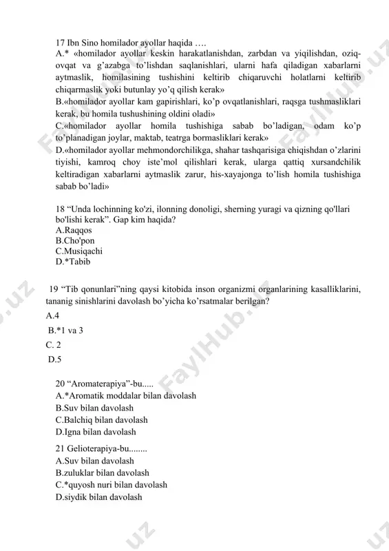 terapiya d.kimyoviy terapiya 33 apiterapiya nima? a.*asalari zahri va ularning mahsulotlari bilan davolash b.zuluk terapiyasi c.fitnalar, ibodatlar d.tanani tozalash 33 zuluk bilan davolash usuli qanday nomlangan? a.qo'lda davolash b.apiterapiya c.talassoterapiya d.*girudoterapiya 34 qanday o'simliklar xoleretik xususiyatlarga ega? a.*sut qushqo'nmas, dulavratotu ildizi b.qichitqi o't, gulhamishabahor c.piyoz, sarimsoq ko'katlari d.do'lana, valerian 35 akupunktura .... davolash usuli sifatida: a.*igna sanchish orqali b.aksincha davolash c.kuydirish orqali d.zuluk terapiyasi 36 dialektika nima? a.farqlash jarayoni b.falsafaning birlashishi c.bilimlarning sintezi d.*asosiy integratsiya usuli 37 og'riqni kamaytirish uchun akupunktur nuqtalarini tanlashda ularning funktsional holati quyidagicha aniqlanadi. a.*palpatsiya b.vizual ravishda c.bosim tekshiruvi orqali d.elektr osti qarshiligini (ecr) va elektr o'tkazuvchanlik potentsialini (ecp) aniqlash 38 kasallikning mohiyatini, tananing barcha tizimlari va darajalarini qamrab oladigan jarayon sifatida tushunish … a.*yaxlitlik b.evolyutsionizm c.tuzilma d.dinamizm 39 xalq tabobatining umumiy tamoyillari? a.*anglash, tan olish, yaxlitlik b.tushunish, individuallik, yaxlitlik c.mahorat, e'tirof, yaxlitlik d.tushunish, tan olish, yaxlitlik 40 60ga yaqin efir moylaridan iborat aromatogrammani kim tuzdi? …