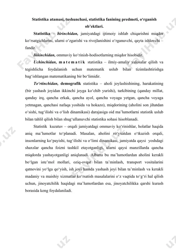 ari, oziq-ovqat bilan ta’minlash, transport vositalarini qatnovini yo‘lga qo‘yish, ish joyi hamda yashash joyi bilan ta’minlash va kerakli madaniy va maishiy xizmatlar ko‘rsatish masalalarini o‘z vaqtida to‘g‘ri hal qilish uchun, jinoyatchilik haqidagi ma’lumotlardan esa, jinoyatchilikka qarshi kurash borasida keng foydalaniladi. statistika fanining asosiy tarmoqlari, umumiy nazariy statistika, ijtimoiy statistika, statistikaning paydo bo‘lish va rivojlanish tarixi, statistikaning predmeti. har qanday fanni, shu jumladan, sud statistikasini ham o‘rganishga kirishishdan avval, uning predmeti nima va usullari qandayligini aniqlashtirish, ya’ni u qanday voqea-hodisalarni o‘rganadi va buning uchun qanday usullarni qo‘llaydi, degan savollarga javob berish lozim. shuni nazarda tutish kerakki, sud statistikasi mamlakatimiz iqtisodiy, siyosiy, madaniy va huquqiy hayotining barcha tarmoqlarini o‘z ko‘rsatkichlarida aks ettirgan statistikaning ko‘psonli tarmoqlaridan biridir. statistika, boshqa ijtimoiy fanlar singari turli-tuman ijtimoiy hodisalarni o‘rganadi. bugungi kunda statistika - ijtimoiy-ommaviy hodisotlarning va jarayonlarning o‘ziga xos bo‘lgan uslub va shakllar yordamida miqdoriy tomonini o‘rganuvchi va ularning rivojlanish qonuniyatlarini hamda an’analarini miqdoriy ko‘rsatgichda o‘zida …