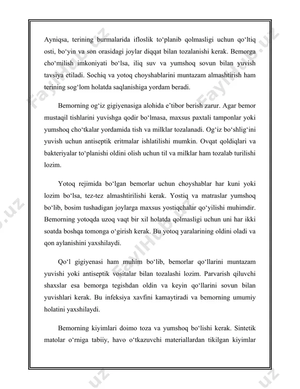 bo‘lganda yallig‘lanish, allergiya yoki boshqa jiddiy muammolarga olib kelishi mumkin. 5. to‘g‘ri ovqatlanish va suv iste'moli teri va to‘qimalarni himoya qilishda ovqatlanish ham katta ahamiyatga ega. yaxshi ozuqa moddalarini, masalan, a vitamini, c vitamini va omega-3 yog‘ kislotalarini o‘z ichiga olgan ovqatlar terining sog‘lom va mustahkam bo‘lishini ta’minlaydi. shuningdek, teri va to‘qimalarni himoya qilishda suv muhim rol o‘ynaydi. kundan-kun yetarli miqdorda suv ichish terini namlaydi va uning elastikligini saqlashga yordam beradi. 6. jismoniy faoliyat va qon aylanishini yaxshilash jismoniy faollik qon aylanishini yaxshilaydi, bu esa terining oziqlanishi va kislorod bilan ta'minlanishini yaxshilaydi. bu terining sog‘lom va yosh ko‘rinishda bo‘lishiga yordam beradi. sport bilan shug‘ullanish nafaqat umumiy salomatlikni yaxshilaydi, balki terining to‘qimalarini ham mustahkamlaydi va unga zararli ta’sirlar kamroq bo‘ladi. shu tarzda, teri va to‘qimalarni himoya qilish uchun ularni muntazam ravishda tozalash, oziqlantirish, namlash, va zararli omillardan himoya qilish lozim. bunday muhofaza choralari nafaqat terining sog‘lig‘ini saqlaydi, balki umumiy salomatlikni yaxshilashga …