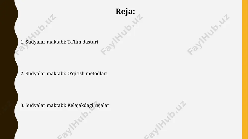10 та ўқув модули амалга оширилади. амалий машғулотлар жараёнида, самарқанд вилоятидан келган 12 нафар судья, жамоат тартибини бузишга оид 7 та ҳақиқий суд ишини таҳлил қилиб, ҳукм чиқариш тартибини амалий ўрганишди. kelajak rejalari “kelajak rejalari” 2023-yilda toshkent shahrida 50 dan ortiq yosh sudyalar va 30 dan ziyod prokurorlar uchun sud amaliyoti va qonunchilikka oid intensiv o'quv kurslarini o'tkazdi. “kelajak rejalari” dasturi doirasida farg'ona viloyatida o'tkazilgan 7 kunlik treningda ishtirokchilar 150 dan ortiq qonun hujjatlarini tahlil qilish bo'yicha amaliy mashg'ulotlar o'tkazdilar. hakamlar maktabining tarixi ҳакамлар мактаби 1990-йиллар бошларида, мустақил ўзбекистоннинг суд тизимини ривожлантиришга қаратилган ислоҳотлар даврида тошкент шаҳрида ташкил этилган. ҳакамлар мактабининг ўқув дастурига фуқаролик, жиноят ва хўжалик процессуал ҳуқуқининг асосий қоидалари, шунингдек, халқаро ҳуқуқ нормалари киритилган. axloqiy standartlar axloqiy standartlar bo‘yicha 2023-yilgi o‘quv dasturida 5 ta asosiy modul mavjud bo‘lib, ulardan 3 tasi toshkent shahrida, 2 tasi esa samarqand viloyatida o‘tkaziladi. axloqiy standartlarga rioya qilish darajasini baholash uchun 10 balldan …