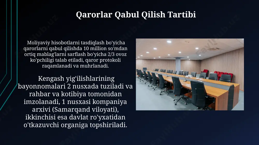 ва жавобгарлиги 20 тадан ортиқ моддаларда аниқ белгиланган бўлиб, булар компанияларнинг ҳуқуқий манфаатларини ҳимоя қилишга қаратилган. kengash raisi va boshqa rasmiylar kengash raisi va boshqa rasmiylar soni, masalan, 5 nafar a’zodan iborat boʻlishi va ularning vakolatlari toshkent shahridagi kompaniyaning nizomida aniq belgilanishi mumkin. kengash raisi saylovi yillik yigʻilishda, kamida 2/3 ovoz bilan amalga oshiriladi va uning vakolat muddati 3 yilni tashkil etadi. kengashni baholash va rivojlantirish кенгашларнинг самарали ишлаши учун 2023 йилда ўзбекистоннинг 5 та йирик компаниясида корпоратив бошқарув тизимини яхшилаш бўйича 3 та тренинг ўтказилди. тошкент шаҳрида жойлашган 10 та компаниянинг кузатув кенгашлари фаолиятини таҳлил қилиш натижасида, 7 тасида стратегик режаларни амалга оширишда 50%дан кам самарадорлик кузатилди. kengashning uchrashuvlarini o’tkazish қарорларни қабул қилиш учун 2/3 кворум ва овозлар сони талаб этилади, ўзгача ҳолатлар низомда кўрсатилган бўлсагина. кенгаш йиғилишларини камида йилига 4 марта, тошкент шаҳридаги марказий офисида ўтказиш мажбурийдир, қонунчиликка мувофиқ. e'tiboringiz uchun rahmat @taqdimot_robot image1.jpg image2.jpg image3.jpg image4.jpg image5.jpg …