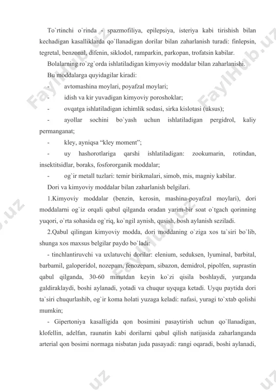 oniya kasalligida qon bosimini pasaytirish uchun qo`llanadigan, klofellin, adelfan, raunatin kabi dorilarni qabul qilish natijasida zaharlanganda arterial qon bosimi normaga nisbatan juda pasayadi: rangi oqaradi, boshi aylanadi, yurak urishi kuchsizlanadi, aritmiya yuzaga keladi, ya`ni yurak to`xtab-to`xtab uradi; - yurak sanchganda qo`llanadigan nitroglitserin, sustak, nitrong kabilar bilan zaharlanganda arterial qon bosimi normadan juda ko`p pasayishi tufayli bosh aylanadi, yurak to`xtab-to`xtab uradi (aritmiya yuzaga keladi). dori moddalardan zaharlanishda birinchi tibbiy yordam. - tez yordam chaqirib, bemorni shifoxonaning reanimatsiya bo`limiga jo`natish kerak; - bemorni tezlik bilan shifoxonaga jo`natishning iloji bo`lmasa, tezgina birinchi tibbiy yordam ko`rsatiladi: - bemorning ahvoli og`ir bo`lsa kofein, kordiamin, kamfora (bittasi) 1 ml teri ostiga; - me`da yuviladi. me`dani yuvish zondsiz va zond yordamida bajariladi; - zondsiz usul, asosan katta yoshli bolalar, o`smirlar, katta odamlarda, va bemorning ahvoli og`ir bo`lmagan hollarda qo`llanadi.bemorga iliq qaynagan suv (gazsiz mineral suv) ichirib, tilining ildizini barmoq yoki temir qoshiq dastasi bilan bosib qustiriladi. so`ngra, …