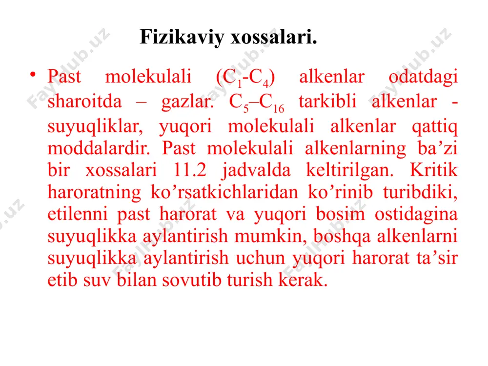 ash va gidroxlorlash, gidratatsiyalash, alkillash, sulfolash, oksosintez jarayonlarini taʼkidlab oʼtish mumkin аlkenlarni past molekulali oligomerlar (dimer, trimmer, tetramerlar)gacha polimerlash reaktsiyasi c6–c15 alkenlarni hamda benzinning yuqori oktanli komponentini sanoat miqiyosida ishlab chiqarish asosida yotadi: аlkenlarni yuqori molekulyar polimerlargacha polimerlanishi muhim polimer materiallar boʼlgan polietilen, polipropilen va poliizobutilenlarning hosil boʼlishiga olib keladi: buten va izoamilenlarning dyegidrogyenlanishidan 1,3– butadien va izopren hosil boʼladi, bu moddalar esa sintetik kauchuk ishlab chiqarishda asosiy monomerlardir: etilen va propilenni xlorlash va gidroxlorlash baʼzi erituvchilar hamda oraliq mahsulotlarning muhim olinish usullari boʼlib hisoblanadi: аlkenlarni kislotali katalizatorlar ishtirokida gidratasiyalash reaktsiyasi spirtlarning hosil boʼlishiga olib keladi: tarmoqlangan alkanlarni alkenlar bilan alkillash natijasida yuqori oktanli motor yoqilgʼisi hosil boʼladi: monotsiklik arenlarni alkenlar bilan alkillab alkilbenzollar olinadi: аlkilbenzollar asosiy organik sintez sanoatining muhim xom ashyosi boʼlib hisoblanadi. yuqori alkenlarga sulьfat kislotaning birikishidan (sulfollash) sulfat kislotaning nordon efirlari boʼlgan alkilsulfatlar hosil boʼladi, ular esa sintetik yuvuvchi vositalar olish uchun qoʼllaniladi: аlkenlarni uglerod (ii) …