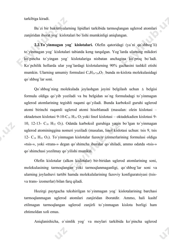 izomer holidagi kislotalar miqdori ko`p, ammo, trans- formadagi kislotalar ham uchraydi. to`yinmagan yog` kislotalari fazoviy (tsis-trans) izomerizatsiyasini quyidagicha umumiy qilib tasvirlash mumkin: tsis-forma trans-forma agar qo`shbog`lar soni bir nechta bo`lsa, odatda ular molekulaning uglerod zanjirida shunday tartibda joylashgan bo`ladiki, bunda qo`shbog`lar uglerod atomlari zanjirini uchga karrali ravishda bo`lib chiqadi. bu, masalan olein, linol va linolen kislotalariga ham tegishli. bu kislotalar molekularida quyidagi tartibdagi zanjir fragmentlari uchraydi: -ch=ch-ch2-ch=ch-. ko`rinib turibdiki, bunda qo`shbog`lar -ch2 – guruhchasi orqali ajralib turibdi. ammo, shunday to`yinmagan kislotalar ham borki, ularning zanjirlarida qo`shbog`lar bir-biriga quyidagicha yaqinlashib joylashadi: -ch=ch-ch=ch-. lekin quyidagi tartibda –ch=ch=ch– (kumulyativ qo`shbog`li) joylashgan qo`shbog`lar uchratilmagan. bir qo`shbog`li to`yinmagan yog` kislotalariga cnh2n-2o2 alken (yoki olein) qatoridagi yog` kislotalari deb ataladi. bularga miristoolein kislotasi c14h26o2, pal’mitoolein kislotasi (zoomarin kislotasi) c16h30o2, olein kislotasi c18h34o2 (9-oktadetsin kislotasi), elaidin kislotasi c18h34o2 (trans-9-oktadetsin kislotasi) va h.k. misol bo`la oladi. bu kislotalardan tabiiy yog`lar tarkibida eng keng tarqalgani olein kislotasidir. ikki yoki …