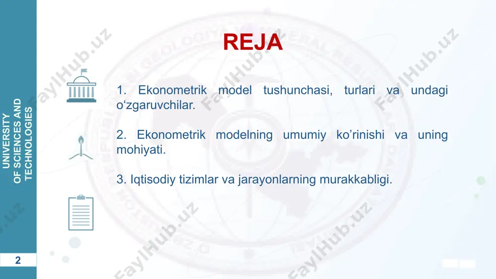 iqotlarda, boshqarish sohalarida, asosan, abstrakt modellashtirishdan foydalaniladi. masalan, obʼyektning kichiklashtirilgan maketi (masalan, litsey, kollej, universitet) va turli xil fizik, ximik va boshqa xildagi maketlar bunga misol bo‘la oladi. 6 university of sciences and technologies iqtisodiyotda matematik model — bu iqtisodiy ob’yektlar yoki jarayonlarni tahlil qilish yoki boshqarish maqsadida ularning matematik tasvirlanishi, yaʼni iqtisodiy masalaning matematik yozuvi. iqtisodiy obyektning matematik modeli — bu uning funksiyalar, tenglamalar, tengsizliklar, mantiqiy munosabatlar, grafiklar majmuasi ko‘rinishidagi aks ettirilishi. bunday aks ettirish o‘rganilayotgan obyekt elementlarining munosabatlari to‘plamini model elementlarining shunga o‘xshash munosabatlariga birlashtiradi. 7 university of sciences and technologies determinirlangan modellar model o‘zgaruvchilari orasidagi qatʼiy funksional bog‘lanishlar borligini nazarda tutadi. stoxastik modellar tadqiq qilinayotgan ko‘rsatkichlarga tasodifiy taʼsirlarning borligini eʼtiborga oladi hamda ularni tasvirlash uchun ehtimollar nazariyasi va matematik statistikaning vositalaridan foydalanadi. dinamik modellar iqtisodiy jarayonlarning vaqt bo‘yicha o‘zgarishini tavsiflaydi. statik modellarda barcha bog‘lanishlar vaqtning tayinli payti yoki davriga tegishlidir. 8 university of sciences and technologies ekonometrik …