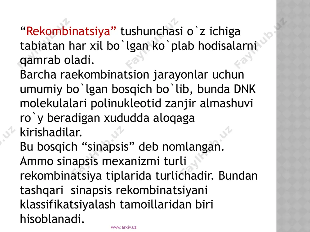 a - noreplekativ transpozitsiya - retrotranspozonla ning ko’chib o’tishi www.arxiv.uz replikativ transpozitsiya harakatchan element boshqa molekulaga ko’chib o’tayotganda, o’z nusxasini boshlang’ich dnk da qoldiradi. mu fagida va tn3 oilasiga mansub bakterial transpozonlarda aniqlangan. www.arxiv.uz noreplekativ transpozitsiya elementni kesish va uni boshqa joyga ko’chirib o’tkazishga asoslanadi. ko’pgina bakteriyalarning harakatchan elementlari va eukariotlarning lementlariga xos. www.arxiv.uz retrotranspazonlarning ko’chib o’tishi. pol retrotranspazoning geni bir nechta fermentlarni ko’dlaydi: integraza, teskari transkriptaza, rnkazah ni va proteazani. www.arxiv.uz noqonuniy rekombinatsiya dnk molekulalari orasida gomologiyasiz rekombinatsiya yuz beradigan jarayonlar yig`indisi bo`lib,sayt-maxsus rekombinatsiya mexanizmlari va trsndpozitsiyalar qatnashmaydi . ular uchin umumiy bo`lib dnkning nogomologik molekulari uchining qo`shilishi hisoblanadi. ba’zi hujayra genlarining xo`jayin hujayrasi xromosomasidan ekssiziyalanayotganda retrovirus tomonidan tutilishi mikroinyeksiyalar yordamida umirtqalilar hujayrasiga kiritilayotgan dnk qisimlarining hujayraga integratsiyasi. birinchi marta yapon tadqiqodchisi x.ikedo tomonidan 1982 yilda ta’riflangan . www.arxiv.uz image2.png image3.png image4.png image5.png image6.png image7.png image8.png image9.png image10.png image11.png image1.jpeg