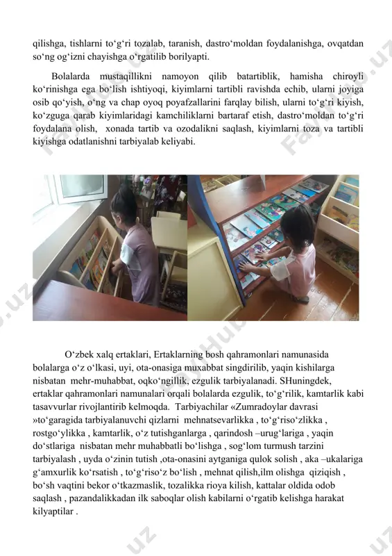 amunasida bolalarga o‘z o‘lkasi, uyi, ota-onasiga muxabbat singdirilib, yaqin kishilarga nisbatan mehr-muhabbat, oqko‘ngillik, ezgulik tarbiyalanadi. shuningdek, ertaklar qahramonlari namunalari orqali bolalarda ezgulik, to‘g‘rilik, kamtarlik kabi tasavvurlar rivojlantirib kelmoqda. tarbiyachilar «zumradoylar davrasi »to‘garagida tarbiyalanuvchi qizlarni mehnatsevarlikka , to‘g‘riso‘zlikka , rostgo‘ylikka , kamtarlik, o‘z tutishganlarga , qarindosh –urug‘lariga , yaqin do‘stlariga nisbatan mehr muhabbatli bo‘lishga , sog‘lom turmush tarzini tarbiyalash , uyda o‘zinin tutish ,ota-onasini aytganiga qulok solish , aka –ukalariga g‘amxurlik ko‘rsatish , to‘g‘riso‘z bo‘lish , mehnat qilish,ilm olishga qiziqish , bo‘sh vaqtini bekor o‘tkazmaslik, tozalikka rioya kilish, kattalar oldida odob saqlash , pazandalikkadan ilk saboqlar olish kabilarni o‘rgatib kelishga harakat kilyaptilar . tarbiyaviy yo‘nalishlarning mazmuni o‘zbekiston respublikasi 4-son maktabgacha ta’lim tashkilotidada (3-6 yosh ) qiz bolalarni i-ii-kichik,i-ii-iii o‘rta, katta,i-ii-iii-tayyorlov guruxlarida ma’naviy –axloqiy tarbiyasini erta boshlash , ular o‘rtasida sog‘lom turmush tarzini : orastalik , sarishtalik , mexnatsevarlik , ibo –xayo , to‘g‘ri so‘zlik kabi guzal fazilatlarni tarbiyalashga qaratilgan «zumradoylar davrasi …