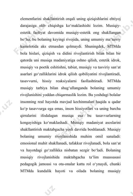 berish, ularning qobiliyatini rivojlantirishga harakat qilinadi, boshqa oilalarda esa musiqiy tarbiyaga nisbatan e‘tibor kam. bu albatta ijtimoiy tabiiiy hol. maktabgacha yoshdagi bolalarning musiqiy qobiliyatlari kompleks va to‘laqonli rivojlanishi uchun ota-onalarning yordami juda zarur. oila – bolaning shaxsiy sifatlari poydevori qo‘yiladigan birinchi ijtimoiy institut, aynan oilada bola boshqalar bilan umumiy, haqiqiy ijtimoiy hayot kechirish: quvonch va alamni baham ko‘rish, yaqinlari bilan birdamlikni his qilishga o‘rganadi. ayni paytda oiladagi hissyotlar sovuqligi bolaning psixologik rivojlanishi va ijodiy qobiliyatlari, ta‘lim, muloqot samaradorligiga salbiy ta‘sir o‘tkazishini unutmaslik lozim. shu sababli mtmda pedagoglari bolaning to‘laqonli rivojlanishi uchun o‘zaro hamkorlik va birgalikdagi ishni yo‘lga qo‘yishi lozim. mtmga qatnaydigan bolalarda musiqiy tarbiyani rivojlantirish va mustahkamlash uchun quyidagilarga e‘tibor qaratish maqsadga muvofiq: - boladan mtmda o‘zlashtirgan qo‘shiq, she‘r va raqslarini takrorlashni so‘rash; - taassurotlarini suratlarda ifodalab berish; -oilada musiqa cholg‘u asboblarini saqlash; - oilada bolaning iqtidori rivojlanishi uchun maqbul sharoit, ijodiy muhit yaratish; -ota-ona, buvi va buvasi bilan birga …