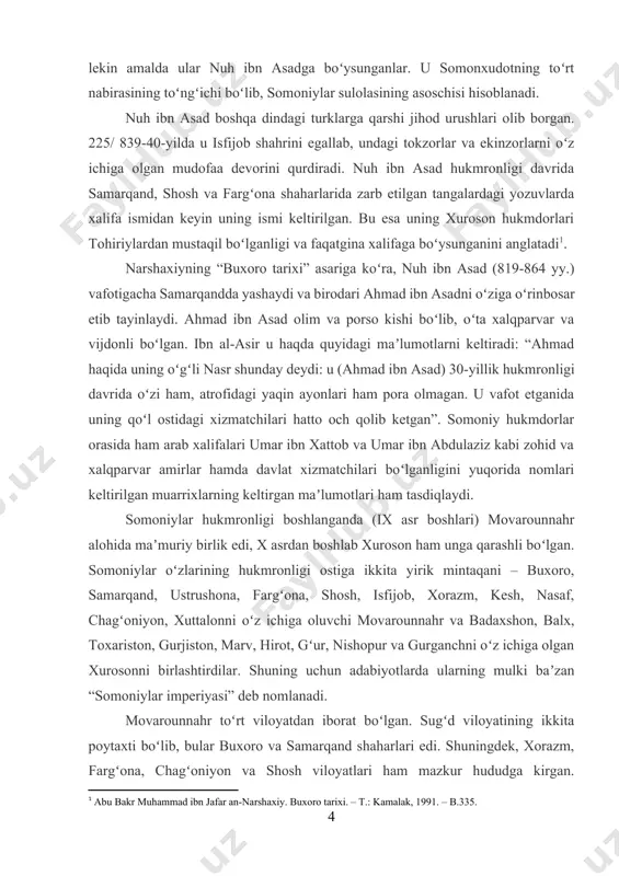 niy jihatdan xuroson amirlari boʻlib, movarounnahr va xuroson yerlari ularga qarashli boʻlgan. shuning uchun ularning qarorgohi buxoro x asrda movarounnahr va xuroson poytaxti hisoblangan. u movarounnahrdagi xurosonga eng yaqin shahar boʻlgan. tohiriylar nishopurdan turib xurosonni idora etgan boʻlsalar, ismoil ibn ahmad buxoroni oʻziga qarorgoh etib tanlagan va davlatning poytaxtiga aylantirgan. buning asosiy sababi – uning islomdan oldingi ajdodlari (el arslon va el tegin) buxoroda yashaganlar va shu yerda dafn etilganlar. uning avlodlari davrida ham poytaxt buxoro boʻlib qolavergan. ungacha movarounnahr hukmdorlari samarqandda, baʼzan shoshda, baʼzida esa fargʻonada yashaganlar. 2. boshqaruv organlari va ularning vazifalari somoniylar sulolasi movarounnahrdagi arab boʻlmagan birinchi musulmon hukmdorlar boʻlib, yuz yildan ortiq hukmronlik qilgan. bu davrdagi boshqaruv tizimi mohiyatini hokimiyatning otadan bolaga meros boʻlib oʻtishi tamoyili tashkil qilgan. somoniylarning movarounnahrda islomning yoyilishida koʻrsatgan xizmatlarini ham alohida taʼkidlash joiz. buning natijasida mazkur sulola markaziy osiyoda islom dini koʻrsatmalari asosidagi boshqaruv tizimining qaror topishida alohida rol oʻynadi. uning …