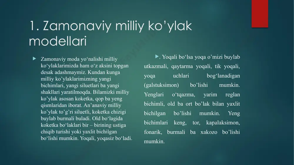 a mos keladi. ularni shifon, krepdishin, shoyi kabi gazlamalardan tikish mumkin. bezak buflarni munchoqlar bilan xam bezash mumkin. agar ko’ylak kundalikda kiyiladigan bo’lsa, bezak toshlarni kamroq ishlatgan ma’qul. . kashta choklar bilan bezatilgan milliy ko’ylak modellari milliy ko’ylaklarimizni burmalar, tesmalar, ryushlar bilan ham bezab tikish mumkin. 5-rasmda quyma burmali ko’ylak namunalari keltirilgan. xozirgi kunda kashta choklar bilan bezatilgan milliy ko’ylaklarimiz yana urf bo’lmoqda. ayniqsa kelinlarimiz seplarida kashta chok bilan bezatilgan ko’ylaklarni juda ko’p uchratish mumkin. kashta chok oralarini biserlar bilan to’ldirib tikilsa kashta choklar yanada chiroyli, ko’rkam va jozibador ko’rinishga ega bo’ladi. 54-rasmlarda kashta choklar bilan bezatilgan milliy ko’ylak namunalari berilgan. milliy ko’ylaklarimizni burmalar, tesmalar, ryushlar bilan ham bezab tikish mumkin. 5-rasmda quyma burmali ko’ylak namunalari keltirilgan. quyma burmali ko’ylaklarni ko’pincha yosh qizlarimiz va kelinchaklarimizga tavsiya qilamiz. yoshi katta, to’la gavdali ayollarimiz esa burmali ko’ylaklarni kiymaganlari ma’qul. chunki burmalar kishi gavdasini bo’rttirib ko’rsatadi. . milliy ko’ylaklarni tikish texnologiyasini ishlab chiqish …