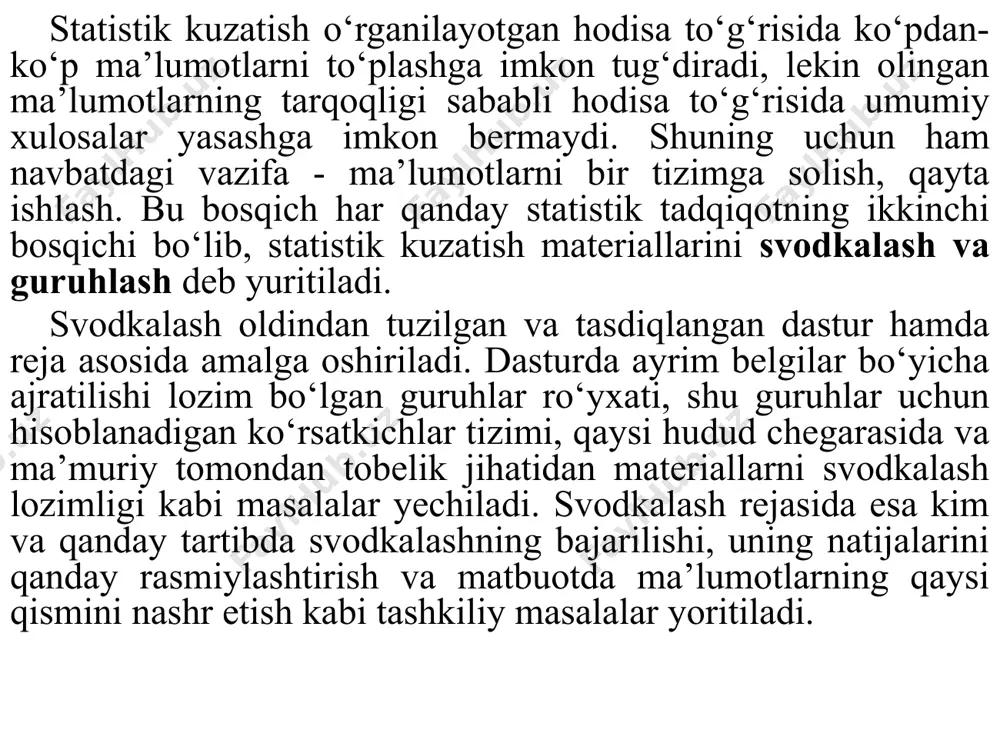 ma’lumotlarni dasturda kо‘zda tutilgan belgilar asosida ayrim guruhlarga bо‘lib о‘rganish tushuniladi. jami talabalarni kurslarga va mutaxassisliklarga bо‘lib о‘rganish bunga misol bо‘la oladi. tor ma’noda svodkalash ham huddi oddiy svodkalash kabi umumiy va guruhiy yakunlarini chiqarish bilan cheklanadi. oliy ta`limning asosiy ko`rsatkichlari (1991-2016 yillar) oliy ta`lim muassasalari soni 1991 y. 52 1995 y. 58 2000 y. 61 2005 y. 62 2010 y. 65 2016 y. 70 oliy ta`limning asosiy ko`rsatkichlari (1991-2016 yillar) oliy ta`lim muassasalari soni talabalar soni (ming kishi) professor o`qituvchilar soni (ming kishi) har bir professor o`qituvchiga to`g`ri keladigan o`quvchilar soni 1991 y. 52 340,9 ... ... 1995 y. 58 192,1 19,9 9,6 2000 y. 61 183,6 18,4 10,0 2005 y. 62 278,7 23,1 12,1 2010 y. 65 274,5 23,0 11,9 2016 y. 70 268,3 24,0 11,2 svodkalash tashkil qilinishiga qarab markazlashgan va markazlashmagan svodkalashlarga bо‘linadi. markazlashgan svodkalashda boshlang‘ich ma’lumotlar bir yoki bir necha statistika boshqarmalarida tо‘planadi va о‘sha …