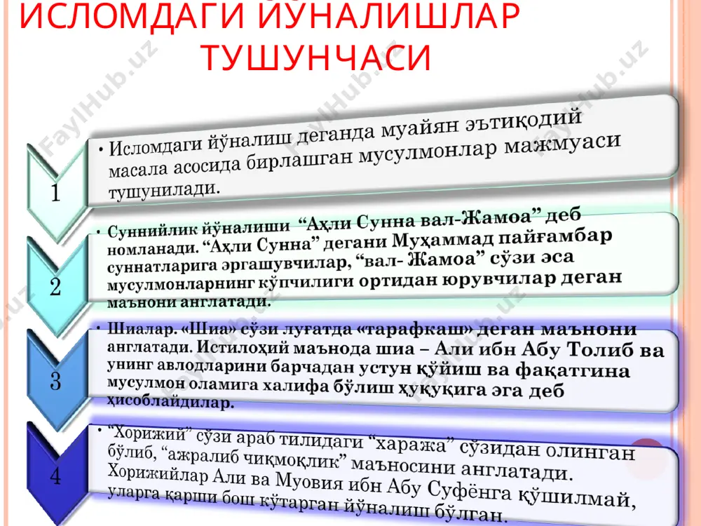 актерга эга бўлган оқимлар қадария(инсон ўз ҳатти-ҳаракати, тақдирининг ҳукмдори) муржиа(инсон ҳолатини муҳокама қилишни орқага суриш) мўътазила(ирода ва илоҳий калом масаласи) ҳизбут таҳрир ал-исломия нурчилар ва бошқалар * исломдаги йўналишлар: суннийлик. муҳаммад пайғамбарнинг вафоти ва ҳокимият учун кураш исломнинг икки йўналишга – “сунний”(“тўғри йўл”)лик ва “шиа”(“гуруҳ”)ликка бўлиниб кетишига олиб келди. суннийлик тарафдорлари ўзларини “аҳли сунна ва-л-жамоа”, яъни сунна аҳли деб атайдилар ва муҳаммад пайғамбарнинг шиалар томонидан бузилаётган анъаналарига фақат бизгина амал қилаяпмиз, деб ҳисоблайдилар. бу йўналиш тарафдорлари исломнинг муҳаммад давридаёқ шаклланган таълимотининг тўғрилигини, ҳадисни қуръондан кейинги ислом илоҳияти ва шариатининг иккинчи манбаи деб тан олган, исломнинг анъанавий диний маросимларига, маиший, ижтимоий қоидаларига амал қиладиган ҳар бир мусулмон сунний ҳисобланади. суннийлар бугунги кунда барча мусулмонларнинг 92,5 фоизини ташкил қилади. user (u) исломдаги йўналишлар: шиалик. шиалик (гуруҳ) – али ибн абу толиб ва унинг авлодини муҳаммад пайғамбарнинг бирдан-бир қонуний ворислари, деб тан оладиган турли оқимларнинг умумий номи. сафавийлар сулоласининг биринчи шоҳи исмоил xvi …