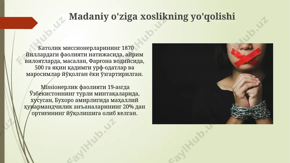 ган тадқиқотлар, миссионерликнинг маҳаллий ҳунармандчилик ва амалий санъатга 20% дан ортиқ салбий таъсир кўрсатганини кўрсатди. e'tiboringiz uchun rahmat @taqdimot_robot image1.jpg image2.jpg image3.jpg image4.jpg image5.jpg image6.jpg image7.jpg image8.jpg image9.jpg image10.jpg
