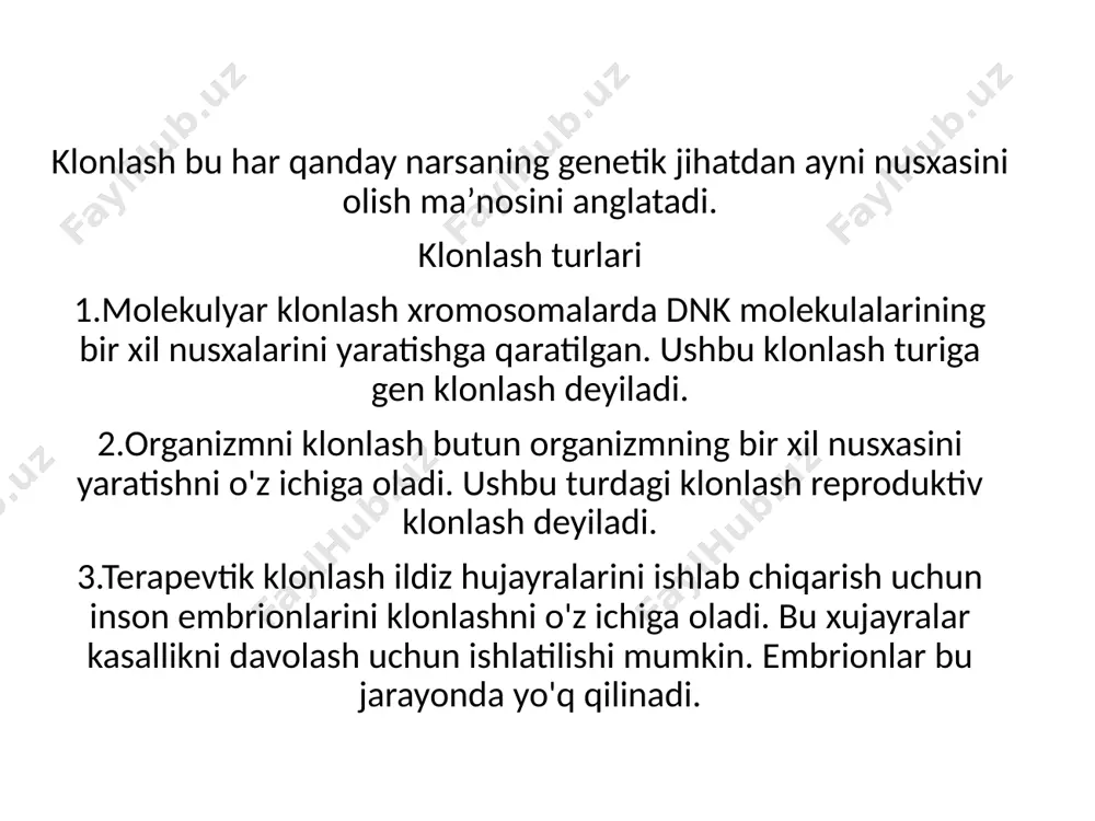 intezlab boʻlingandan soʻng bakteriya hujayrasidan oqsilni ajratib olish mumkin boʻladi. bakteriya hujayrasida bizga kerakli boʻlgan oqsildan tashqari juda koʻp boshqa oqsil va makromolekulalar bor. shuning uchun kerakli oqsil boshqa oqsillardan ajratib olinishi va tozalanishi kerak. oqsilni tozalashda biokimyoviy usullardan foydalaniladi. tozalangan oqsildan tajriba maqsadida yoki insulin kabi dorilar sifatida foydalanish mumkin. dnkni klonlash usullaridan foydalanish biologik dori vositalari. dnkni klonlashdan tibbiy-biologik usullar orqali odam oqsilini (yuqorida koʻrilgan insulin kabi) olish mumkin. oʻsish gormoni va plazminogen aktivatori toʻqimasi (tpa) ham rekombinant oqsillarga misol boʻladi. oʻsish gormonini sintezlay olmaydigan bemorlarga oʻsish gormoni berilsa, plazminogen aktivator toʻqimasi insult (miyaga qon quyilishi)ni davolashda va tromblar hosil boʻlishining oldini olishda qoʻllanadi. yuqoridagi kabi rekombinant oqsillar koʻpincha bakteriyalar orqali olinadi. gen terapiyasi. baʼzi genetik nuqsonli bemorlarda biror-bir gen funksiyasi yetishmaydi. gen terapiyasida shunday bemorlarning hujayralariga oʻsha genning normal shaklini koʻchirishga harakat qilinadi. masalan, dnkni klonlash orqali mukovitsidoz bilan kasallangan bemorga nuqsonli genning normal shaklini saqlagan plazmid …