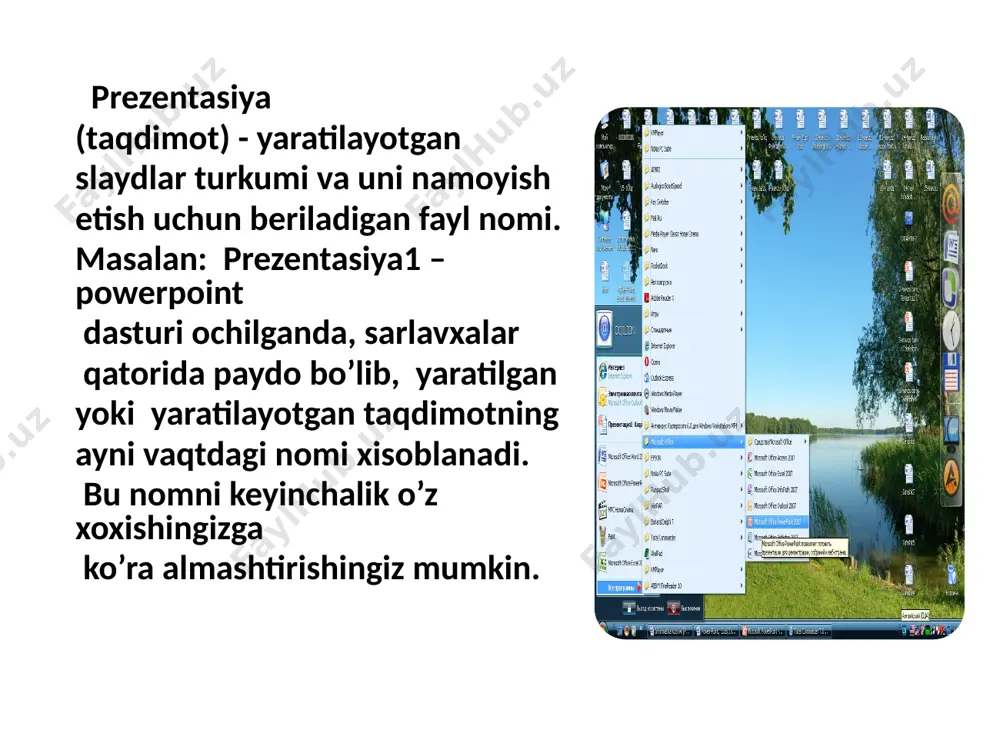 ekti. belgilarning namoyish ekranida ketma-ket uchib tushishini ta'minlaydi. slaydlar rejimida ishlash bu rejimda yangi slayd yaratish, uning belgisini o’zgartirish, slayd matnini terish, taxrir qilish, slaydlarni guruxlash, rang sxemasini o’zgartirish xamda maxsus fon yaratish mumkin. ushbu rejimda tayyorlangan slayddan bir namunani ko’rib turibsiz. · yangi slayd yaratish uchun darchaning standart uskunalar panelidagi (slayd yaratish) tugmachasi bosiladi. · slayd belgisi, turi, ko’rinishlarini o’zgartirish uchun darchaning standart uskunalar panelidagi (slaydni belgilash) tugmachasi bosiladi. · slaydlarning bezash ishlarini o’zgartirish uchun shu paneldagi primenit oformlenie (jixozlash ko’llanilsin) tugmasi bosiladi. slaydga matn kiritish va uni taxrir qilish 2 usulda amalga oshiriladi: 1) matn uchun ajratilgan maydonga sichqoncha ko’rsatkichi olib kelib bosiladi va kursor paydo bo’lgandan so’ng matn klaviatura orqali kiritiladi; 2) sichqoncha ko’rsatkichi "a" tugma (piktogramma)siga olib kelinib bosiladi va kerakli soxaga matn kiritiladi. aim.uz powerpoint dasturidagi qo’shimcha elementlar bilan ishlash rasm qo’yish. taqdimotga rasm qo’yish yoki rasmni boshqa taqdimotdan olib qo’yish mumkin. buning uchun quyidagi …