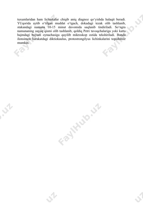 nda ham bir qancha olimlarning tavsiya etgan usullari mavjud: 1. berman – orlov usuli. bu usul keng tarqalgan, texnik jihatdan unchalik murakkab bo‘lmagan usul hisoblanib, gelmintlarning harakatchan lichinkalarini tezakdan suvga chiqarib, cho‘kmaga cho‘ktirishga asoslangan. bu usulni birinchi marotaba berman degan olim tuproq chuvalchanglarning lichinkalarini topish uchun tavsiya etgan. keyinchalik orlov degan olim hayvonlar tezagidagi diktiokaulus lichinkalarini topishda qo‘llagan. usulni bajarish texnikasi quyidagicha: og‘iz tomonining diametri 10-15 sm keladigan voronka olinib, uning uchiga uzunligi 10-15 sm keladigan rezina naycha o‘rnatiladi. naychaning ikkinchi uchini mor qisqichi bilan qisiladi. rezina naycha o‘rnatilganvoronkaga sim to‘r qo‘yilib shtativga o‘rnatiladi va unga iliq 37-38 gradusli suv quyiladi. sim to‘rga (yoki dokaga o‘rab) gumon qilingan hayvonning tezakidan 10-15 gramm solinadi va shu holatda bir necha soat qoldiriladi (agarda qo‘y va echki tezagi bo‘lsa -6 soat, qoramol tezagi bo‘lsa 12 soat).so‘ngra rezina naychaning pastki qismidagi suyuqlik sentrifuga probirkasiga quyilib, bir minut davomida aylantiriladi va hosil bo‘lgan cho‘mani petri …
