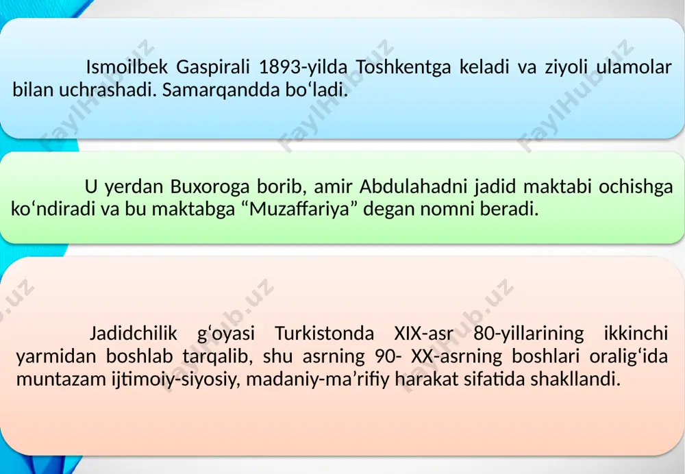 rqandda “zarafshon”, to‘raqo‘rg‘onda (namangan viloyati) “kutubxonai ishoqiya” (1908 y.) nomli kutubxonalar tashkil topadi. shuningdek, jadid bosmaxonasi va kitob do‘konlari ancha keng tarmoq otdi. xulosa qiladigan bo’lsak, jadid bobolarimiz moddiy qiyinchiliklar, g’oyaviy-siyosiy tazyiqlarga qaramay millatning ma’naviy yuksalishi uchun imkoniyatlar yaratishga harakat qildilar.tarixning murakkab, mas’uliyatli burilish davrida millatning ongini yuksaltirish, milliy iftixor tuyg’usini kuchaytirish birinchi darajali vazifalardan ekanligini anglab yetganliklari uchun ham bu boradagi barcha ishlarni o’z zimmalariga oldilar. xulosa bugungi kunda jadidlar orzu qilgan ozod mamlakatimizda ta’lim-tarbiya tizimining milliy zaminini mustahkamlash, zamon talablari bilan uyg‘unlashtirishga katta e’tibor qaratilmoqda. haqiqatda, milliy g‘oya, millat tafakkurining eng ilg‘or namunalarini aks ettirgan darslik va qo‘llanmalar tuzish, xorijiy tillarni mukammal bilish, kasb-hunar o‘rgatishni joriy etish kabi tamoyillar o‘z davrida jadidchilik vakillarini o‘ylantirgan va ularning bu yo‘ldagi bevosita sa’y-harkatlari faoliyatimizning zamonaviy intellektual taraqqiyoti poydevoriga zamin yaratishga xizmat qildi. e’tiboringiz uchun tashakkur! image2.png image3.jpg image4.jpeg image5.jpg image6.jpg image7.jpeg image8.jpeg image9.jpg image10.jpeg image11.jpeg image12.jpeg image13.jpeg image14.jpeg image1.png /docprops/thumbnail.jpeg