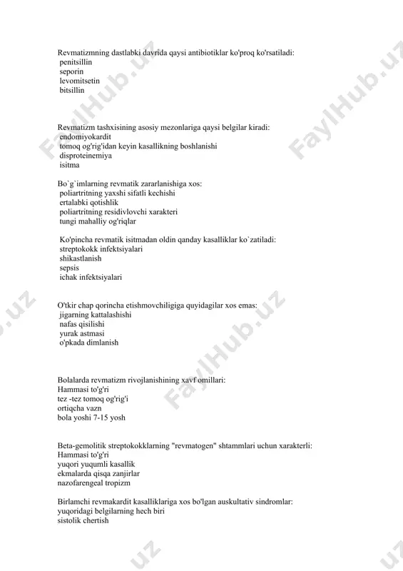ish bolalarda revmatizm rivojlanishining xavf omillari: hammasi to'g'ri tez -tez tomoq og'rig'i ortiqcha vazn bola yoshi 7-15 yosh beta-gemolitik streptokokklarning "revmatogen" shtammlari uchun xarakterli: hammasi to'g'ri yuqori yuqumli kasallik ekmalarda qisqa zanjirlar nazofarengeal tropizm birlamchi revmakardit kasalliklariga xos bo'lgan auskultativ sindromlar: yuqoridagi belgilarning hech biri sistolik chertish mitral qopqoqning ochilish toni baland i ton revmatik poliartrit bilan og'rigan bemorlarga quyidagilar xosdir: yallig'lanishga qarshi terapiyaga tezkor javob ertalabki qotishlik qo'llarning kichik bo'g'imlarining shikastlanishi turg`un bo`g`im sindromi kichik xorea belgilarini belgilang: statika va kordinatsiyaning buzilishi asosan o'smirlar va kattalarda kasallikning rivojlanishi falaj va parezlar dorilar qabuli bilan o`zaro munosabat anulyar eritemaga xos bo'lgan belgilar: yuqoridagilardan hech qaysi biri toshmalarning davomiyligi terining qichishi pigmentatsiya va qichishish shaklida qoldiq effektlar revmatizmda asl-o titrlarining oshish sabablarini ko'rsating: o`tkazilgan streptokokkli faringeal infektsiya yallig'lanish jarayonining yuqori faolligi anamnezida revmatizmning borligi yurak etishmovchiligining rivojlanishi revmatizmning kichik diagnostik mezonlari soniga kiritilgan belgilar (t.d. jons, 194: echtning oshishi, leykotsitoz poliartrit …