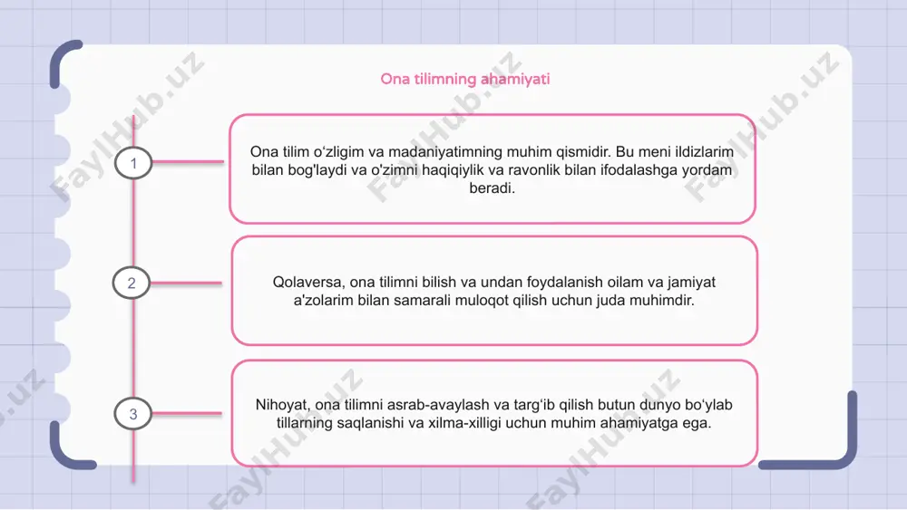 tiqbollari va madaniy almashinuv nuqtai nazaridan bizga imkoniyatlarni ochib beradi. bu turli tillar va madaniyatlar haqidagi umumiy tushunchamizni oshiradi. ona tilimdan o'rganish ona tilim mening shaxsiyatimning muhim qismidir. bu men o‘sgan tilda va u mening madaniy kelib chiqishimga chuqur singib ketgan. ona tilimdan o‘rganganim meni bugungi kundagi inson sifatida shakllantirdi. ona tilida muloqot qila olishim oilam va jamiyatim bilan aloqadorlik hissini uyg‘otadi. bu menga o‘z tilim va merosimga xos bo‘lgan madaniy an’analar, bayramlar va suhbatlarni tushunish va ularda qatnashish imkonini beradi. qolaversa, ona tilimdan o‘rganish menga qimmatli hayotiy saboqlar berdi. bu menga o‘z madaniy ildizlarini asrab-avaylash va qadrlash, dunyoqarash va tafakkurimizni shakllantirishda tilning ahamiyatini o‘rgatdi. ona tilim: iftixor manbai mening ona tilim - men uyda va oilam bilan gaplashib o'sgan tildir. bu mening madaniy o'ziga xosligimning muhim qismi va men uchun g'urur manbai. ona tilimni bilish va undan foydalanish mening merosim bilan bog‘lanishga va oilam bilan muloqot qilishga yordam beradi. …