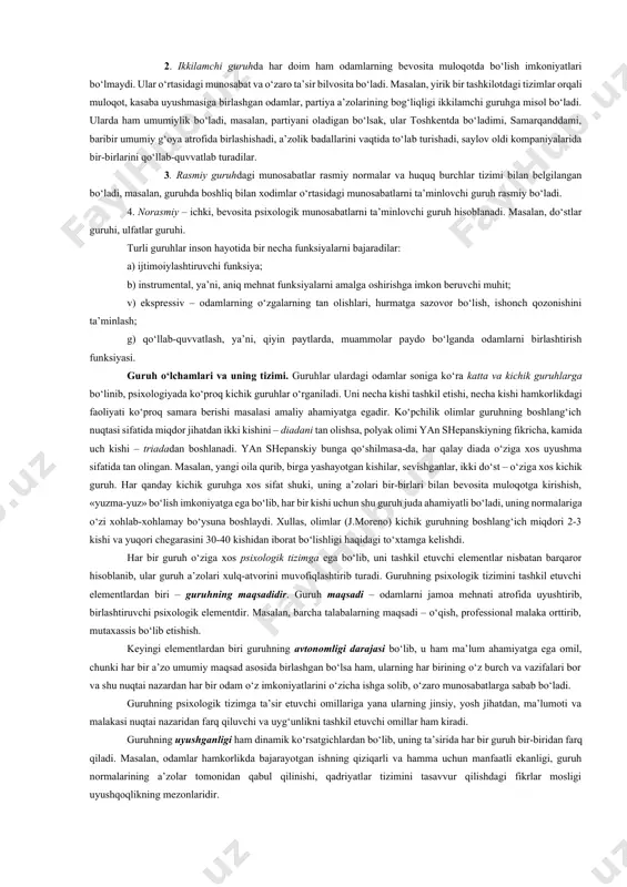 a har bir oilada shunday harakatlarga nisbatan ijobiy ustanovka shakllanadi. bunda bola uchun referent rolini ota-onasi, kattalar, mahalladagi hurmatli insonlar o‘ynaydi. 2. qiyoslash guruhlari – bu shunday guruhki, shaxs o‘sha guruhga kirishni, uning ma’qullashiga muxtoj bo‘lmaydi, lekin o‘z harakatlarini yo‘lga solishda unga asoslanadi va korreksiya qiladi. masalan, talabalar guruhida shunday yoshlar bo‘lishi mumkinki, shaxs ular bilan umuman muloqotda bo‘lmaydi, ularning fikrlari yoki qarashlarini yoqlamaydi, lekin bu guruh aynan o‘shalarga o‘xshamaslik va o‘z ustida ko‘proq ishlashga o‘zini safarbar qilish uchun kerak bo‘ladi, yoki talaba-yoshlar sessiya yakunlariga ko‘ra differensial stipendiya oladilar. o‘rtacha o‘zlashtiruvchi talaba uchun «hamma talabalar» oladigan stipendiya miqdorini nazarda tutib, o‘zini tinchlantiradi, a’lochi esa, o‘zinikini nafaqat oddiy, o‘rtachalar bilan balki, davlat stipendiyalarini oladiganlar bilan ham solishtiradi. ko‘rsatgichlar qanchalik yuqori bo‘lsa, shunga mos da’vogarlik darajasi ham yuqori bo‘ladi, shaxsning qiyoslash guruhlari ham ortiqroq bo‘ladi. 3.negativ guruhlar – shundayki, shaxs ularning xatti-harakatlaridan ataylab voz kechadi, chunki ular shaxsiy qarashlardan mutloq farq qiladi. …
