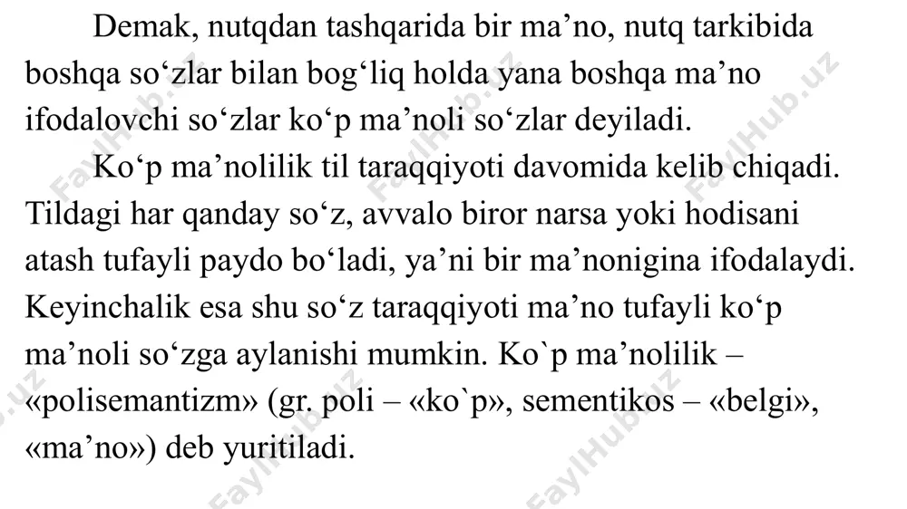 tunni nazarda tutmoqda, yoki bo‘lmasa "eshikka kirin mehmon bir chaqchaqlashamiz" bu gapda ma‘nosi ko‘chgan so‘z "eshik" so‘zi bo‘lib, bu gapda "eshikka kirin" deb uyini nazarda tutmoqda. eshik uyning qismi bo‘lganligi uchun bunda ham qism orqali butun nazarda tutilmoqda sinekdoxa quyidagi munosabatlarga ko‘ra ma‘no ko‘chadi. 1. tana a‘zolari orqali. o‘n qo‘lingni og‘zinga solma. 2. kiyim va uning qismlari orqali. hisobida adashgan cho‘ntagidan ayrilar. 3. predmet, narsa, qurol. xamir uchidan patir. 4. hayvon parranda tana a‘zolari. qizilishton (qush), tulki (tulki terisi). 5. daraxt va mevasi. namangonning olmasi hil hil pishibdi. ( qo‘shiq). vazifadoshlik. vazifadoshlik - funksiyadoshlik deganidir. narsalar, buyumlar, predmetlarning vazifasi o‘xshashiligiga asoslanib ma‘no ko‘chish turi vazifadoshlik deyiladi. vazifadoshlik bilan metaforani faqrlab olish juda zarurdir. misol uchun metaforada ham vazifadoshlikda ham narsalar, predmetlarning o‘xshashligiga qaraladi, lekin metafora tashqi o‘xshashlik bo‘lsa vazifadoshlikda esa narsa, buyum, predmetlarning tashqi o‘xshasbligiga emas balki faqatgina vazifasi o‘xshashligiga qaraladi. misol uchun: "stolning oyog‘i qiyshayib qoldi" bu gapda ma‘nosi …