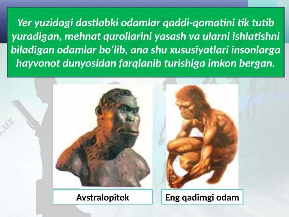 odamlar u yoki bu buyumlar omad keltirishiga yoxud balo-qazoni bartaraf etishiga e’tiqod qilganlar. bu e’tiqod fetishizm nomini olgan. so‘nggi paleolitga oid g‘orlar devorlardagi rasmlarning topilishi qadimgi odamlarda diniy e’tiqodlar bo‘lgani to‘g‘risidagi isbotlardan biridir. odamlar rasmlar bo‘lajak ovda o’zlariga yordam beradi, deya ishonishgan. rasmlar qarshisida hayvonlar harakatlariga taqlid qilib, raqsga tushishgan, ov manzaralarini tasavvurga keltirishgan nayza uloqtirishni mashq qilishgan. qadimgi rasmlar qimmatli tarixiy manbalardir. ular inson nimalar haqida o‘ylagani, tevarak dunyoni qay yo‘sinda tasavvur etgani, qaysi hayvonlarni ovlagani, qanday mehnat qurollari va qurol-yarog‘dan foydalanganini bilib olish va tushunishga yordam beradi. odamning o’zini qurshab turgan tevarak dunyoni tushunishga intilishi eng qadimgi tasviriy san’at rivojlanishi uchun asos bo’lib xizmat qildi. qadimgi rassom image2.jpg image3.emf image4.emf image5.jpeg image6.emf image7.jpeg image8.png image9.jpeg image10.jpeg image11.png image12.emf image13.emf image14.jpeg image15.jpeg image16.jpeg image17.jpeg image18.gif image19.jpeg image20.jpeg image21.jpeg image22.emf image1.jpg