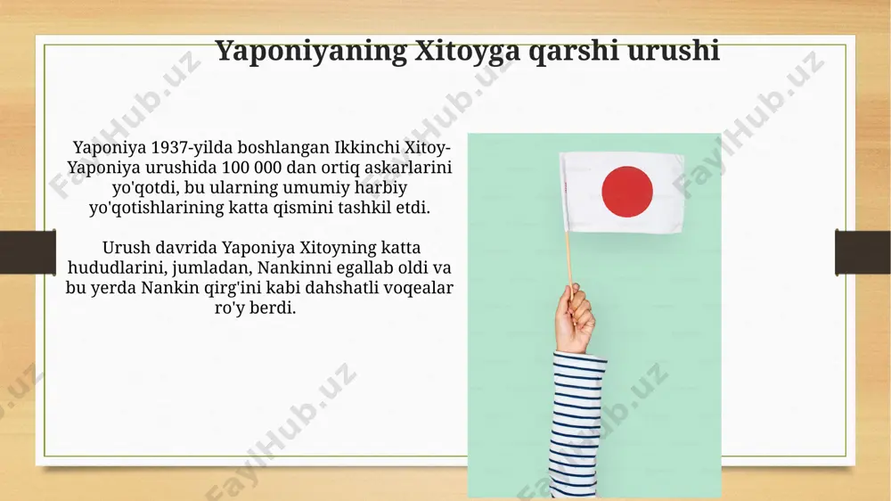 ilik siyosatidan voz kechish talablarini qabul qilmadi, bu esa to'qnashuv ehtimolini yanada oshirdi. urushning boshlanishi aqshning yaponiyaning iqtisodiy sanktsiyalari va neft embargosi, 1941-yilda pearl harborga hujum qilish qaroriga, yaponiya uchun strategik resurslarni nazorat qilishga urinishlariga bevosita sabab bo'ldi. yaponiya imperiyasi, 1937-yilda xitoy bilan to'qnashuvlarni kuchaytirdi, bu esa yaponiya armiyasi uchun katta resurslar va odamlarni talab qildi, keyinchalik bu ikkinchi jahon urushidagi ishtirokiga olib keldi. ijima janglari иджима жангларидаги қаттиқ қаршилик сабабли, ақш армияси катта йўқотишлар (25 000 дан ортиқ) билан юзлашди, бу эса урушдаги инсон қурбонларининг катта миқёсини кўрсатади. иджима жангларидаги японларнинг "камиказе" самолётларининг кенг қўлланилиши, уруш тактикасидаги ўзгаришлар ва жасурликнинг юқори даражасини кўрсатди, аммо ҳарбий натижага таъсир кўрсатмади. yaponiyaning mag'lubiyatga uchrashiga olib kelgan omillar yaponiya armiyasining strategik xatolari, masalan, pearl harborga hujumdan keyin aqshning janubiy tinch okeanidagi kuchli qarshiligi, va midvey jangidagi halokatli mag'lubiyat, urushning natijasini o'zgartirdi. yaponiya iqtisodiyotining zaifligi, xom ashyo yetishmovchiligi va aqshning iqtisodiy blokadasi, 1940-yillarning boshlarida …