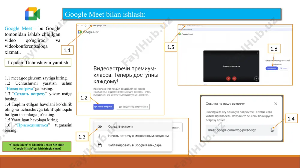 lgan videokonferentsiyalar, veb-seminarlar va shunga o'xshash boshqa onlayn tadbirlar uchun bulutli texnologiyaga asoslangan platformadir. 1-qadam zoom daturiga kirish 1.1 zoom.us/download/ saytiga kiring va dasturni yuklab oling. 1.2 dasturni oching va “войти в” tugmasiga bosing. 1.3 ro`yhatdan o`ting yoki yangi foydalanuvchi hisobini yarating. 1.4 ro`yxatdan o`tishni yengillashtirish maqsadida boshqa platformalar orqali amalga oshirishingiz mumkin 1.1 1.2 1.3 1.4 zoom dasturi bilan ishlash: 2-qadam tezkor yangi zoom videokonferensiya yaratish. 2.1 dasturda “новая конференция” tugmasiga bosing. 2.2 ochilgan oynada mikrofonni aktivlashtiring. 2.3 videokonferesiya haqidagi ma`lumotlar oynasini oching. 2.4 videokonferesiyaga taklif qilish uchun havolani ko`chirib oling va u bilan ulashing. 2.5 mikrofon sozlamalari. 2.6 videokamera sozlamalari. 2.7 ishtirokchilar ro`yxati. 2.8 videokonferensiyani yakunlash. 2.1 2.4 2.3 2.2 2. 2. 2. 2. zoom dasturi bilan ishlash: 3-qadam videokonferensiyani rejalashtirish 3.1 dasturda “запланировать” tugmasiga bosing. 3.2 ochilgan oynada videokonferensiya mavzusini yozing. 3.3 rejalashtirilgan videokonferensiya vaqti va kuni. 3.4 “сохранить” tugmasini bosing. 3.5 ochilgan oynada rejalashtirilgan videokonferensiya havolasini …