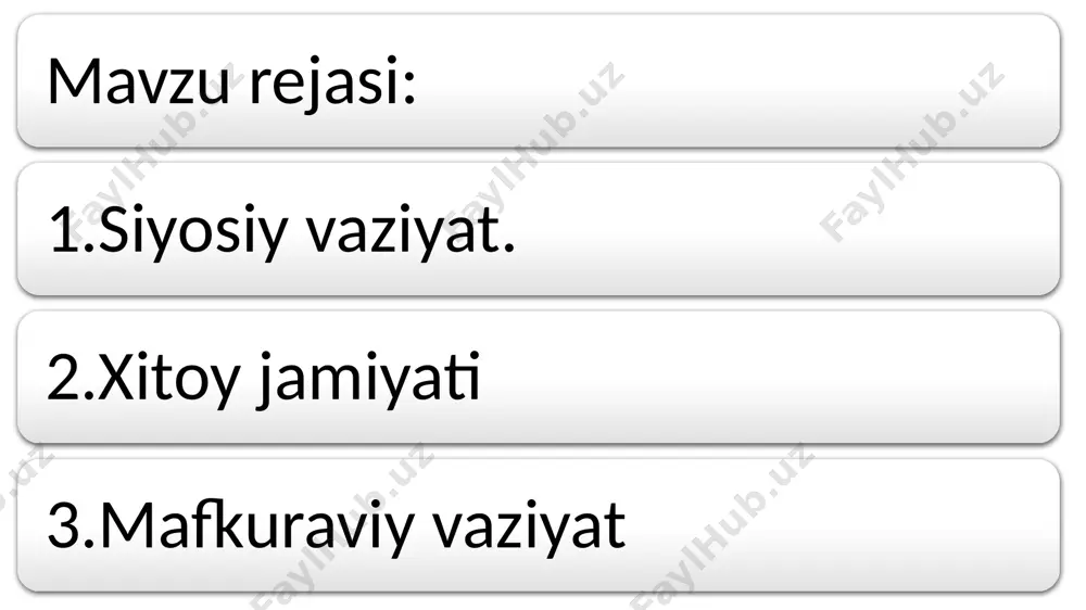 ariya bo’lsa, u holda belgilangan soliqning yarmi to’langan. davlat ishlarida yilda o’ttiz kun ishlab berish majburiyati bo’lgan. uzoq va chegara tumanlarida mazkur majburiyat muddati qisqaroq bo’lgan. bu tizim keyingi asrlardagi agrar tadbirlarning ham asosi bo’lib xizmat qilgan. davlat xizmatidagi boyroq odamlarni jalb qilish maqsadida egallagan lavozimi va darajasiga qarab yer berilgan. iii–iv asrlarda xitoy shimolidan rimga qadar bo’lgan hududda xalqlarning «buyuk ko’chishi» jarayoni davom etgan. janubiy xunnlar (nan syunni), syanbi, di, syan, sze va boshqa qabilalar shimoldan o’rta xitoy tekisligiga ko’chganlar. qadimiy xanlar etnik beshigi shimoldagi xunnlar ittifoqi yemirilgach, janubiy guruh shimoliy shansi va ichki mo’g’uliston tumanlarida yashab qolgan. ularning asosiy mashg’uloti chorvachilik bo’lgan. jujan jangchilari. tele qabilalari vakillari - janubiy xunnlarning turkiyzabon avlodlari. turk xoqonligining jangchisi buryatiyadagi orgoitonning xunnlar davlatiga tegishli qabristondagi arxeologik qazishmalar. 2011 yil avgust image1.png image2.png image3.png image4.png image5.png image6.png image7.png image8.png image9.png image10.png image11.png image12.png image13.png image14.png image15.png image16.png image17.png /docprops/thumbnail.jpeg