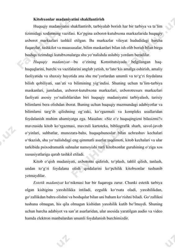 ur. chunki estetik tarbiya olgan kishigina yaxshilikka intiladi, ezgulik ko‘rsata oladi, yaxshilikdan, go‘zallikdan bahra olishni va boshqalar bilan uni baham ko‘rishni biladi. go‘zallikni tushuna olmagan, his qila olmagan kishidan yaxshilik kutib bo‘lmaydi. shuning uchun barcha adabiyot va san’at asarlaridan, ular asosida yaratilgan audio va video hamda elektron manbalardan unumli foydalanish burchimizdir. o‘qish madaniyati—bu o‘qish, mutolaa uchun hujjatni to‘g‘ri tanlay bilish, eng zarurini ajrata olish, undan o‘z vaqtida to‘g‘ri foydalana olish, amaliyotda unumli foydalanish ko‘nikmasi. o‘qish madaniyati, asosan, yosh kitobxonlar bilan ishlovchi maktab, kollej va litsey qoshida tashkil etilgan axborot-resurs markazlarining vazifasi. uni tarbiyalashda o‘qituvchilar, ota-onalar va kutubxona xodimlarining hamkorligi zarur. bibliografik madaniyat. ko‘p hollarda kutubxona kataloglari, shuningdek, elektron kataloglar, adabiyotlar ro‘yxati, tavsiya qo‘llanmalari, bibliografik ko‘rsatkichlar, sharhlar, yirik bibliografik manbalarga murojaat qilishga to‘g‘ri keladi. har qanday ilmiy izlanishlar, tadqiqot ishlari ularning yordamisiz amalga oshmaydi. ayniqsa, faqatgina bir kutubxonada yaratilgan elektron katalogdan emas, balki boshqa mamlakat kutubxonalarining elektron katalogidan foydalanishda bibliografik elementlarni …
