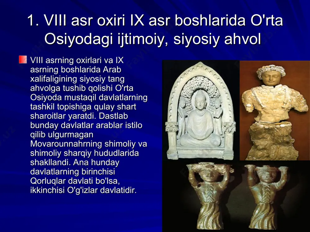 -962), mansur ibn nuh (961-971), nuh ii ibn mansur (997-999) davrida mamlkat oliy hokimiyati va mamlakat oliy hokimiyati va mamlakat ichida mahalliy beklar, amaldorlar o'rtasida o'zaro ichki nizolar ziddiyatlar kuchayib bordi. davlatning harbiy tayanchi bo'lgan turk qo'shinlari lashkarboshlari saltanatga bo'ysunmay, ayrim viloyatlarni egallashga ko'z tika boshladilar. masalan, alptegin, abu ali va boshqalar. bularning hammasi davlatning zaiflashuviga sabab bo'ldi. xalq noroziligi shu qadar avj oldiki, amir adul malik vafoti bahonasi bilan boshlangan qo'zg'olon amir saroyini bosib olib, yakson qildi. buning natijasida sharqdan kelgan qoraxoniylar somoniylar hukmronligini barham toptirdi. buning natijasida x asr oxiriga kelib, bu hududda qoraxoniylardan iborat yangi sulolaning hukmronligi vujudga keldi va mustahkamlanib bordi. x asrning birinchi yarmida yettisuv va sharqiy turkistonda yashovchi ko'chmanchi turk qabilalari (qorluq, chigil va yag'mo)ning ijtimoiy va iqtisodiy hayotida katta o'zgarishlar bo'ldi. ularning o'troq hayotga o'tishi tezlashdi. bunday o'zgarishlarda yettisuv va qashqar orqali o'tgan qadimgi karvon yo'li ham muhim rol o'ynadi. shuningdek, qo'shni movarounnahrni …