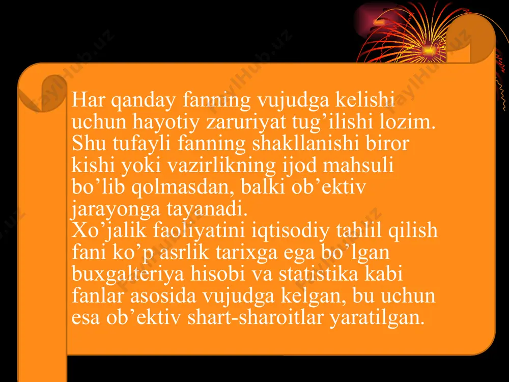 shi; -inkorni- inkor * iqtisodiy hodisalarni o’rganishda qo’llaniladigan dialektik bilish usullari analiz - grekcha «analysic» so’zidan kelib chiqqan bo’lib,bir butunni bo’laklarga bo’lib o’rganish, degani yoki umumiylikdan xususiylikka o’tish. «sintez» - grekcha «syntnesic» so’zidan olingan bo’lib umumlashtirish degani yoki xususiylikdan umumiylik sari tadqiq tushuniladi deduktsiya – fikrlarni umumiylikdan hususiylikka tadbiq etish usulidir . induktsiya – alohida faktlar bilimidan umum bilimlarga (ya’ni qonunlar yoki boshqa amaliy va zaruriy aloqalarni aks ettiradigan) o`tish usulidir. * korxonada boshqaruv tizilmasi o`z ob’yekti va sub’yektidan iborat bo`ladi boshqaruv ob’yekti – bu ishlab chiqarish, sub’yekti esa boshqaruv tarkibidir. boshqaruv sub’yekti – boshqaruv ob’yektining tasnifi va o`ziga hos hususiyatlaridan kelib chiqib tashkil etiladi * i→а→ k→т→ i1→ а1→к1→ т1 ... bu yerda: i – axborot bo’lib, unga buxgalteriya hisobi va hisoboti, tezkor hisob va hisobot, statistik hisob va hisobot, biznes –reja hamda hisobdan tashqari ma’lumotlar; а – tahliliy bosqich; к – tahlil natijalari asosida qarorlar qabul qilish; т …