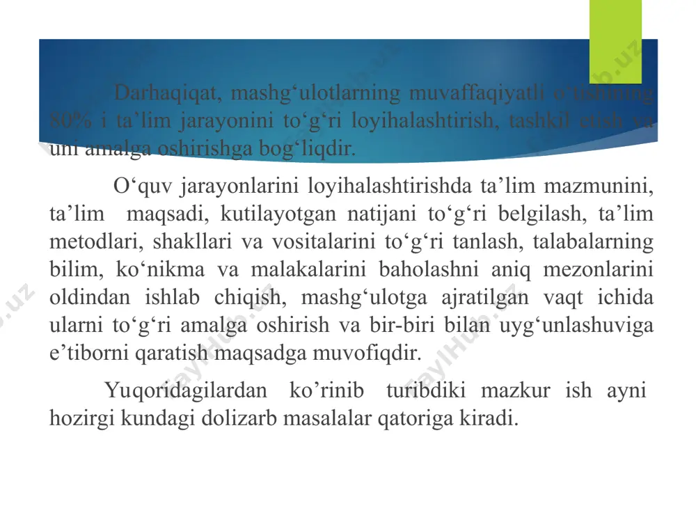 iy ta’lim texnologiyalarni joriy qilishga aloxida e’tibor qaratilgan. shu maqsadda ilg’or pedagogik texnologiyalarni o’qituvchilar tomonidan o’zlashtirib olinishiga ko’maklashish maqsadida o’quv-metodik seminarlar tashkil etilgan. kollejda zamonaviy ta’lim texnologiyalarini tadbiq etishda professor-o’qituvchilardan ona tili va adabiyoti fani o’qituvchisi a.abdurazzaqova, ona tili o’qitish metodikasi fani o’qituvchisi f.g’ofurova, tasviriy san’at va metodikasini o’rganish fani o’qituvchisi m.raximova, xuquqshunoslik fani o’qituvchisi x.solieva, "matematika" fani o’qituvchisi m.asqarov, informatika fani o’qituvchisi f.ro’zievlar dars o’tishni shakl va usullari, turli xarakatli ish o’yinlaridan foydalanish bo’yicha ijobiy natijalarga erishmoqdalar. ular tomonidan baxs-munozara, muammoli darslar, didaktik o’yinli darslar hamda o’qitishning interfaol usullari qo’llanib kelinmoqda. iii.bob. kollej ta’lim tizimida ta’lim texnalogiyalaridan foydalanishni takomillashtirish. bugungi kunda ta’lim texnologiyalarini shartli ravishda ikki turga ajratish mumkin: an’anaviy 2) noan’anaviy 1) an’anaviy ta’lim texnologiyasi - muayyan muddatga mo‘ljallangan, ta’lim jarayoni ko‘proq o‘qituvchi shaxsiga qaratilgan bo‘lib, o‘qitishning an’anaviy shakli, metodi va ta’lim vositalarining majmuidan foydalanib ta’lim-tarbiya maqsadiga erishishdir. 2) noan’anaviy ta’lim texnologiyasi - muayyan muddatga mo‘ljallangan, ta’lim jarayoni …