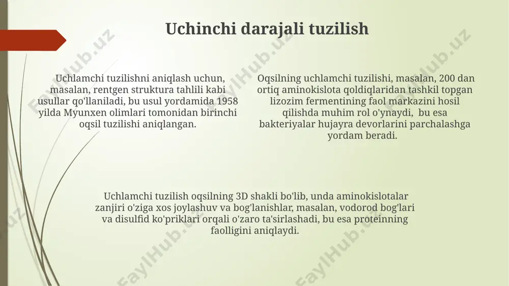 i. masalan, 1-tipdagi kollagen. antikorlar antikorlarning 5 ta asosiy sinfi mavjud: igg, igm, iga, igd va ige. ularning har biri o'ziga xos tuzilish va funksiyaga ega bo'lib, immun tizimining turli qismlarida faol ishtirok etadi, masalan, qon oqimida yoki shilliq pardalarda. 1975-yilda nobel mukofoti sovrindori georges köhler va césar milstein tomonidan ishlab chiqilgan monoklonal antikorlar texnologiyasi, immunologiya va biotibbiyot sohasida katta yutuq bo'lib, dunyodagi ko'plab laboratoriyalarda diagnostika va terapiya maqsadlarida qo'llaniladi. antikorlar, o'rtacha 150 kda molekulyar og'irlikka ega bo'lib, v hududidagi b hujayralari tomonidan ishlab chiqariladi va turli xil patogenlarni, masalan, bakteriyalarni, viruslarni va parazitlarni, tanadan chiqarishda muhim rol o'ynaydi. oqsil sintezi oqsil sintezi jarayonida 20 ga yaqin aminokislotalar ribosomalar yordamida dnkdagi genetik kodga muvofiq ketma-ketlikda birlashadi, bu jarayon hujayraning sitoplazmasida, xususan, endoplazmatik retikulumda sodir bo'ladi. oqsil sintezi xatoliklari, masalan, noto'g'ri aminokislotalarning birikishi, genetik mutatsiyalar yoki tashqi omillar ta'siri natijasida yuzaga kelishi mumkin, bu esa 30 dan ortiq turdagi kasalliklarni keltirib …