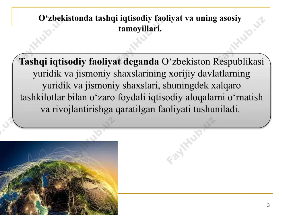 tining turlaridan qat’i nazar, tashqi iqtisodiy faoliyatning barcha subyektlari tashqi iqtisodiy faoliyatni amalga oshirishda teng huquqlarga ega bo‘ladi. tashqi iqtisodiy faoliyat subyektlari: tashqi iqtisodiy faoliyat to‘g‘risidagi hisobotni qonun hujjatlarida belgilangan tartibda taqdim etishi; o‘zbekiston respublikasi hududiga olib kirilayotgan tovarlarning o‘zbekistonda belgilab qo‘yilgan texnikaviy, farmakologiya, sanitariya, veterinariya, veterinariya-sanitariya, fitosanitariya, ekologiya standartlari, talablari, qoidalari va normalariga muvofiqligini tasdiqlovchi hujjatlarni belgilangan tartibda taqdim etishi shart. 8 tashqi iqtisodiy faoliyatning asosiy yo‘nalishlari quyidagilardir: xalqaro iqtisodiy va moliyaviy hamkorlik; tashqi savdo faoliyati; chet el investitsiyalarini jalb qilish; o‘zbekiston respublikasidan tashqaridagi investitsiya faoliyati. 9 xalqaro iqtisodiy va moliyaviy hamkorlik ishlab chiqarish, moliya, bank va sug‘urta faoliyati, ta’lim va kadrlarni tayyorlash, turizm, sog‘liqni saqlash, ilmiy-texnikaviy, madaniy, ekologiya, gumanitar va boshqa sohalarda qonun hujjatlarida belgilangan tartibda o‘zbekiston respublikasi tashqi iqtisodiy faoliyat subyektlarining xorijiy davlatlarning yuridik va jismoniy shaxslari, shuningdek xalqaro tashkilotlar bilan o‘zaro foydali aloqalarni o‘rnatishi va kengaytirishga qaratilgan tashqi iqtisodiy faoliyatni amalga oshirishdir. tashqi savdo faoliyati xalqaro …