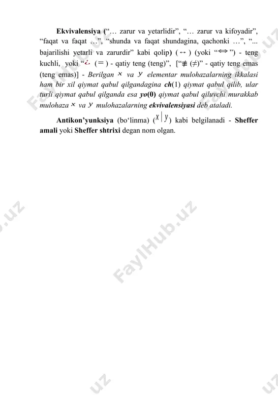 va kifoyadir”, “faqat va faqat …”, “shunda va faqat shundagina, qachonki …”, “... bajarilishi yetarli va zarurdir” kabi qolip) () (yoki “”) - teng kuchli, yoki “ () - qatiy teng (teng)”, [“≢ (≠)” - qatiy teng emas (teng emas)] - berilgan va elementar mulohazalarning ikkalasi ham bir xil qiymat qabul qilgandagina ch(1) qiymat qabul qilib, ular turli qiymat qabul qilganda esa yo(0) qiymat qabul qiluvchi murakkab mulohaza va mulohazalarning ekvivalensiyasi deb ataladi. antikon’yunksiya (bo‘linma) () kabi belgilanadi - sheffer amali yoki sheffer shtrixi degan nom olgan. oleobject3.bin image4.wmf oleobject4.bin image5.wmf oleobject5.bin image6.wmf oleobject6.bin oleobject7.bin oleobject8.bin image7.wmf oleobject9.bin oleobject10.bin image8.wmf oleobject11.bin oleobject12.bin oleobject13.bin image9.wmf oleobject14.bin image10.wmf oleobject15.bin image11.wmf oleobject16.bin oleobject17.bin oleobject18.bin oleobject19.bin oleobject20.bin image12.wmf oleobject21.bin image13.wmf oleobject22.bin oleobject23.bin oleobject24.bin image14.wmf oleobject25.bin oleobject26.bin oleobject27.bin oleobject28.bin oleobject29.bin image15.wmf oleobject30.bin image1.wmf image16.wmf oleobject31.bin image17.wmf oleobject32.bin image18.wmf oleobject33.bin oleobject34.bin oleobject35.bin oleobject36.bin oleobject37.bin oleobject1.bin image19.wmf oleobject38.bin image2.wmf oleobject2.bin image3.wmf x x x ù y y …