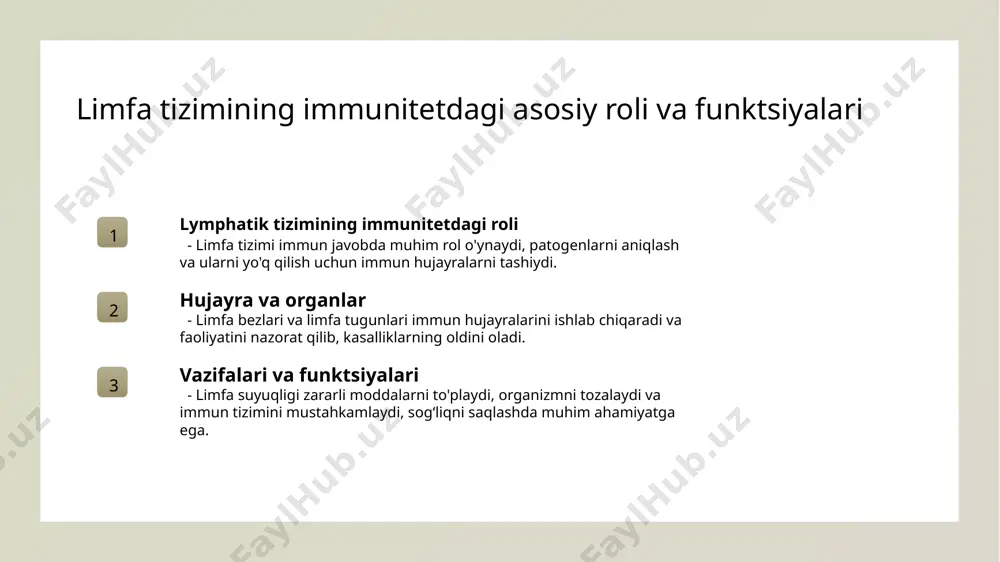 i saqlanishi lymph suyuqligi organizmda yallig‘lanish va infektsiyalarga qarshi kurashishda muhim rol o‘ynaydi. u organizmni zararli moddalardan himoya qiladi. 02 immun javobdagi roli lymph suyuqligi immun tizimining faoliyatida asosiy bo‘laklardan biri bo‘lib, infektsiyalarni aniqlash va javob berishda yordam beradi, shuningdek, immun hujayralarini tashib yuradi. 03 sog‘liq uchun ta’siri to‘g‘ri limfa oqimi sog‘liqni saqlashda muhimdir, u natijasida toksinlar chiqariladi, o‘pka va yurak muvozanati mustahkamlanadi, sog‘lomlikni ta’minlaydi. xulosa limfa tizimi va immunitetning muhimligi zamonaviy texnologiyalar va yondashuvlar sog‘liqni saqlashga ta’sirli rol limfa tizimi immunitetni qo‘llab-quvvatlaydi, patogenlarni aniqlash va yo‘q qilishda muhim rol o‘ynaydi, organizm sog‘ligini ta’minlaydi. raqamli diagnostika va molekulyar biologiya limfa tizimini chuqurroq tushunishga yordam beradi, kasalliklarni oldini olishda va davolashda muhim ahamiyat kasb etadi. limfa tizimi immunitetni mustahkamlashda, yallig‘lanishni kamaytirishda va kasalliklarning erta tashxisini qo‘yishda asosiy rol o‘ynaydi, sog‘liqni yaxshilaydi. foydalanilgan adabiyotlar 1. iskandarov, a. limfa tizimi va uning immunitetdagi roli. o‘zbekiston tibbiyot akademiyasi nashriyoti, 2018. 2. qodirov, s. lymph …