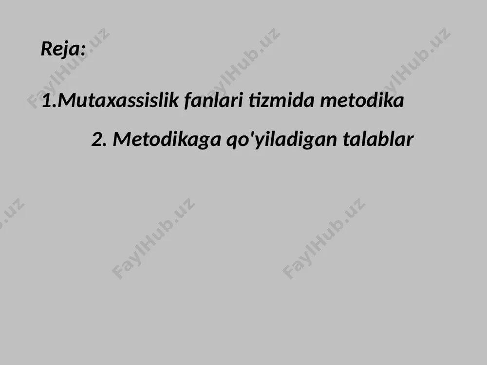a ishlab chiqishga yo‘nalganlik; hayot bilan uyg‘unlik; 6) natijaviylik. yuqoridagi fikrlarni umumlashtirib aytganda, o‘qitish metodikasi o‘zida quyidagilarni aks ettiradi: ta’limning maqsad va vazifalarini – ta’limiy, tarbiyaviy, rivojlantiruvchi, tashkiliy; ta’limning qonuniyat va tamoyillarini; ta’lim mazmunini; ta’limni tashkil etishning asosiy va yordamchi shakllarini; ta’limning umumiy va xususiy metodlarini; o‘quv vositalari; - o‘qitish natijasini. eʼtiboringiz uchun rahmat image1.jpeg image2.jpeg image3.jpeg image4.jpeg