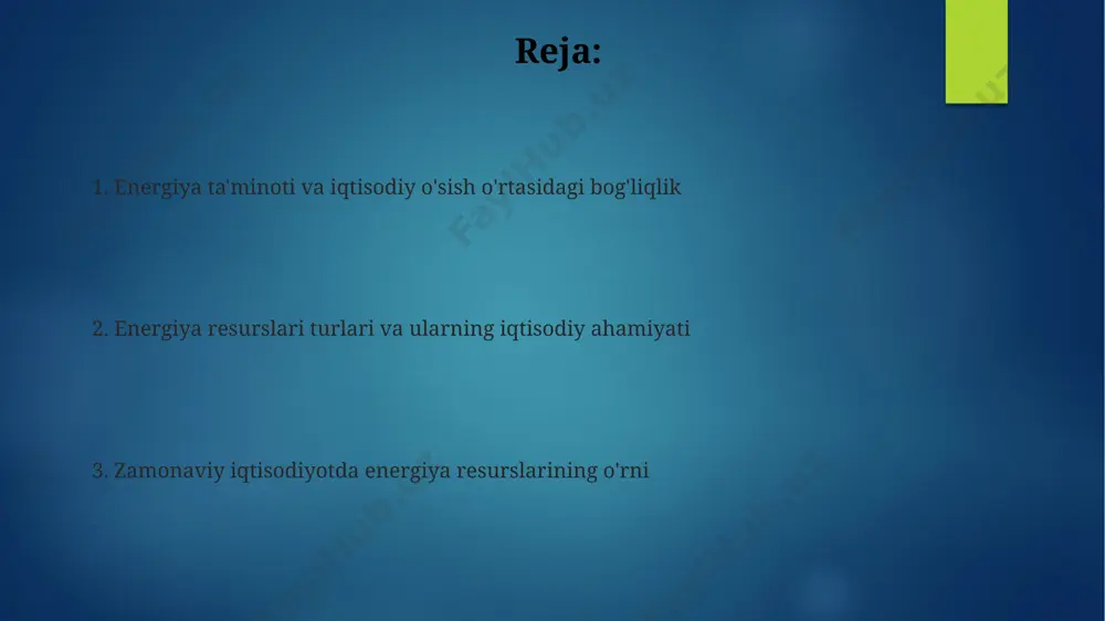 tlashtirishni talab qiladi va bu esa energiya xavfsizligi bilan bog'liq muammolarni keltirib chiqaradi. energiya ta'minoti va iste'moli o'rtasidagi muvozanatni saqlash uchun jahon bo'yicha 2050-yilga kelib taxminan 30% ga yaqin energiya samaradorligini oshirish talab etiladi, bu esa iqtisodiy o'sish va ekologik barqarorlikni ta'minlaydi. energiya xavfsizligi va geosiyosiy omillar 2022 йилдаги энергия инқирози глобал геосиёсий муносабатларга жиддий таъсир кўрсатиб, энергия ресурсларига назорат учун курашни кучайтирди. энергия хавфсизлигига эга бўлмаган давлатларнинг яим ўсиши йиллик ўртача 1,5% га пасайиши мумкинлигини кўрсатувчи тадқиқотлар мавжуд. нефть ва газ экспортидан олинаётган даромадлар айрим давлатларнинг геосиёсий таъсирини 30% гача ошириши мумкин. energiya narxlari va iqtisodiy o'sish energiya narxlarining 10% oshishi yaim o'sish sur'atini 0,5-1% ga pasaytirishi mumkin, bu inflyatsiya va ishsizlikning oshishiga olib keladi. 2022 yilda global energiya inqirozi jahon bankining prognoziga ko'ra jahon iqtisodiy o'sishini 1,7% ga kamaytirdi, bu rivojlanayotgan mamlakatlar uchun jiddiy muammo bo'ldi. energiya resurslariga bo'lgan talabning 5% o'sishi iqtisodiy faoliyatning 2% o'sishiga olib kelishi …