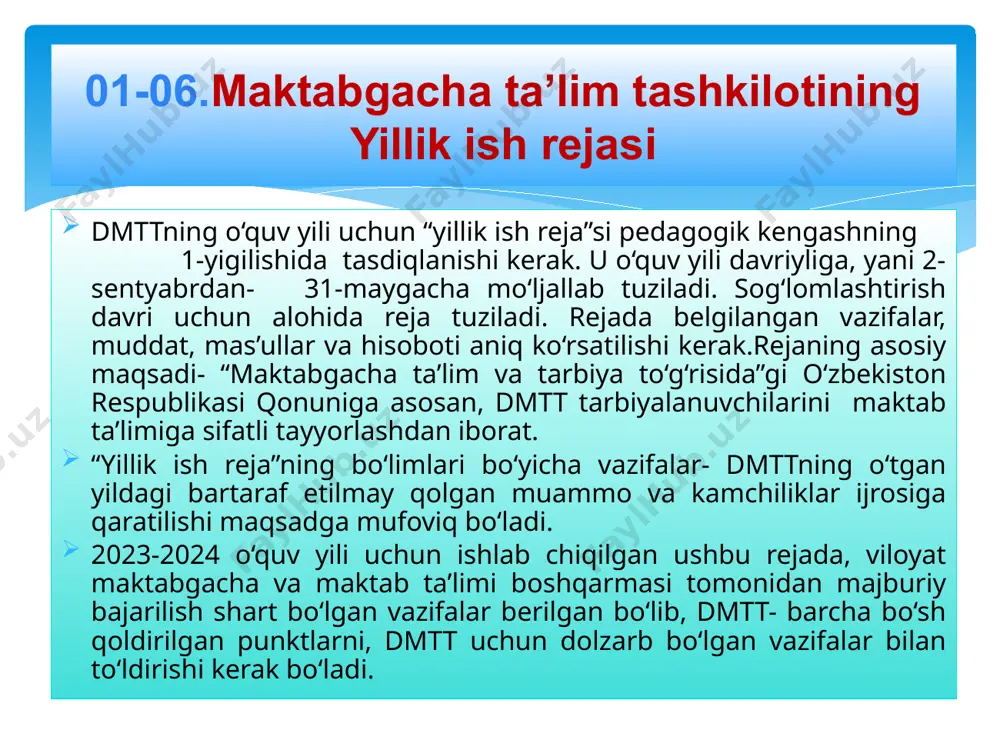 r (pedagogik kengash, nazariy va amaliy seminarlar, maslahatli-anjumanlar, master-klasslar) orqali tashkil etish; dmttda metodik birlashmalar faoliyati jonlantirish va pedagoglarning o‘zaro mashgulot tahlillarini tashkil etish; bolalarni jismoniy tarbiya va sportga qiziqishini orttirish va jalb qilish, ularning salomatligini mustahkamlash, ularda xavfsizlik va ekologik taʼlim asoslarini shakllantirish; bolalarni boshlangʻich taʼlimga sifatli tayyorlash uchun zarur shart-sharoitlarni yaratish orqali maktabgacha taʼlim tashkilotlari faoliyatini takomillashtirish; dmttni kuzatuv kengashlari orqali bola shaxsini rivojlantirishda va ota-onalarni boshqarish jarayonlariga jalb qilishda- oila, mahalla va maktab bilan uzluksiz hamkorligini taʼminlash; mttda qoʻshimcha taʼlim xizmatlarini tashkil etish; rivojlantiruvchi markazlarda oʻyin faoliyatini metodik tashkil etish; mttda bolalar salomatligini nazorat qilish monitoringini tashkil etish, yagona taomnomani joriy qilish, birinchi tibbiy yordam koʻrsatish va bolalarni xavfsizligini taʼminlash choralarini ko‘rish; ………………………………………………………………………………………. ………………………………………………………………………………………. 1-boʻlim. 2023-2024 oʻquv yili davomida amalga oshirilishi belgilangan asosiy vazifalar 1.pedagog xodimlar haqida ma’lumot 2.pedagog xodimlarning 2023-2024 o‘quv yilida malaka oshirish rejasi 2-boʻlim. 2023-2024 oʻquv yilida pedagoglarning malakasi va kasbiy mahoratini oshirish № …