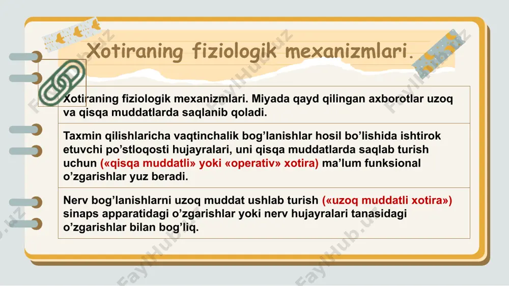hini isbotladi. ixtiyoriy va ixtiyorsiz xotira xotira faoliyat maqsadiga bog‘liqligiga ko‘raixtiyorsizvaixtiyoriy xotiralarga bo‘linadi. biror narsani esda olib qolish yoki esga tushirish maxsus maqsadga ega bo‘lmagan esda olib qolish va eslash ixtiyorsiz xotira deyiladi. shunday maqsad ko‘zlanganida ixtiyoriy xotira haqida so‘z yuritiladi. xulosa o‘rnida xotiraning psixologik mexanizmini keltiramiz rag’bat takrorlash unitilgan eslash sensor saqlash doimiy saqlanishga o’tkazish image1.png image2.png image3.png image4.png image5.png image6.png image7.png image8.jpeg image9.png image10.jpeg image11.png image12.png image13.png